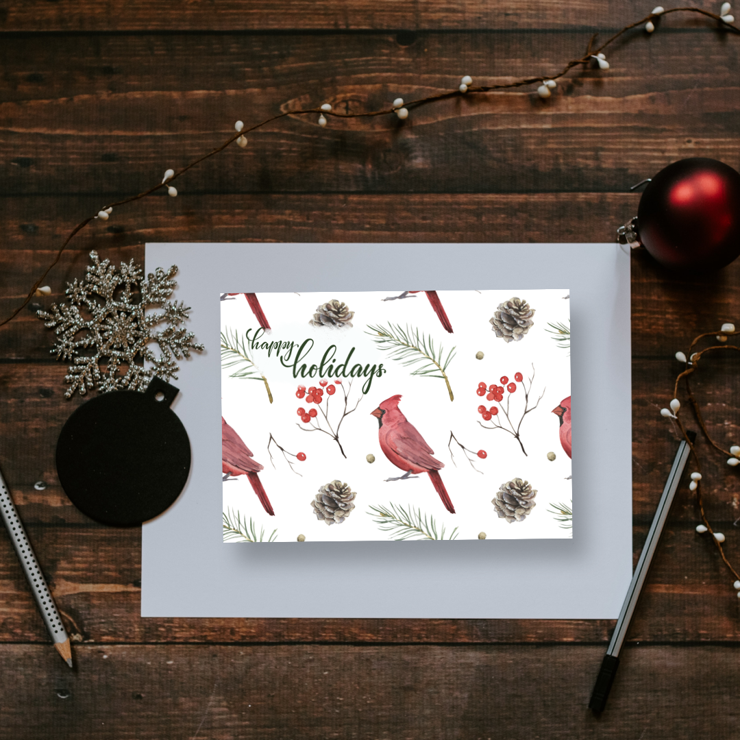 Christmas card- Happy Holidays, red cardinal and pine cones