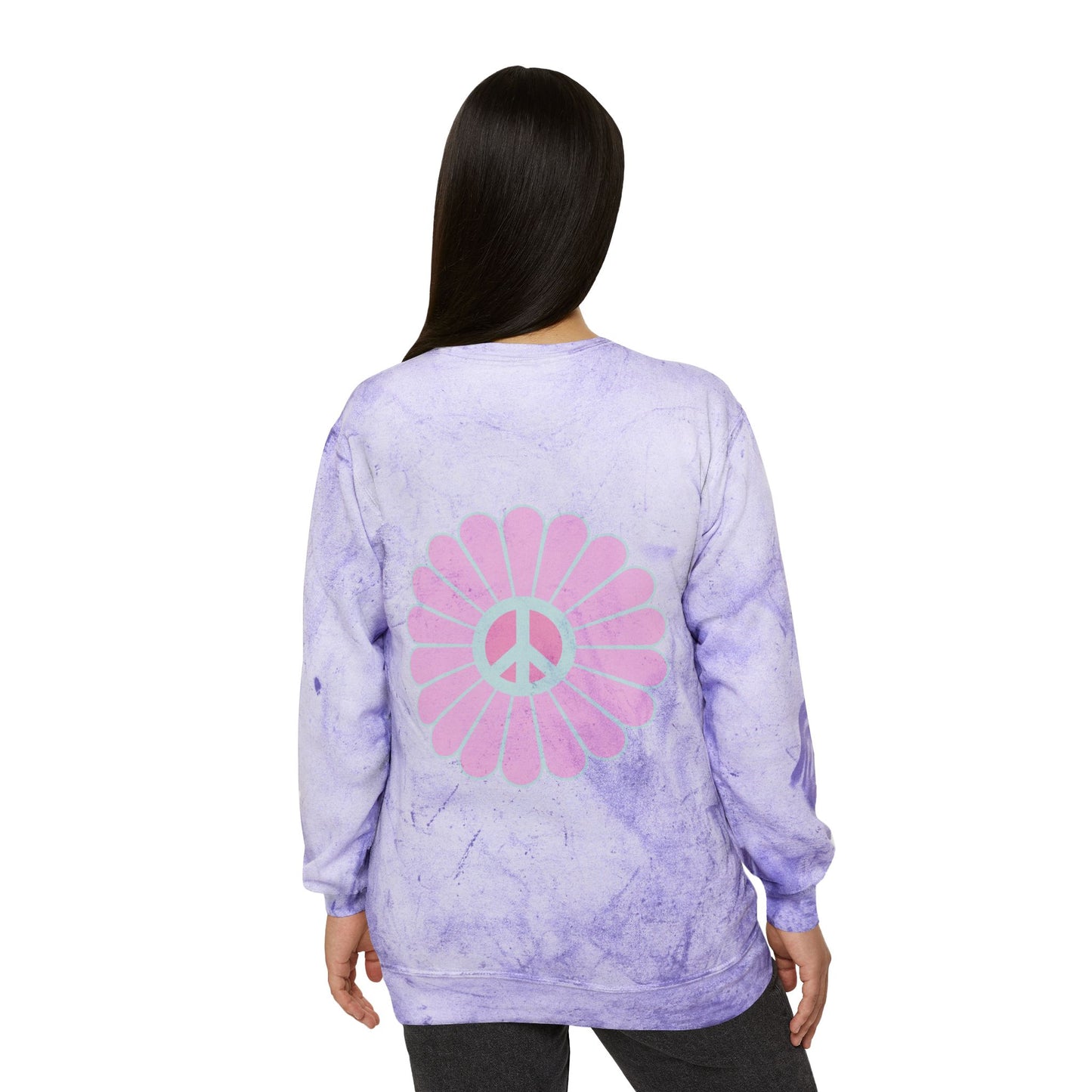 Amethyst Color Blast Crewneck Sweatshirt; "Peace Not Panic" comfort sweatshirt; front and back custom design