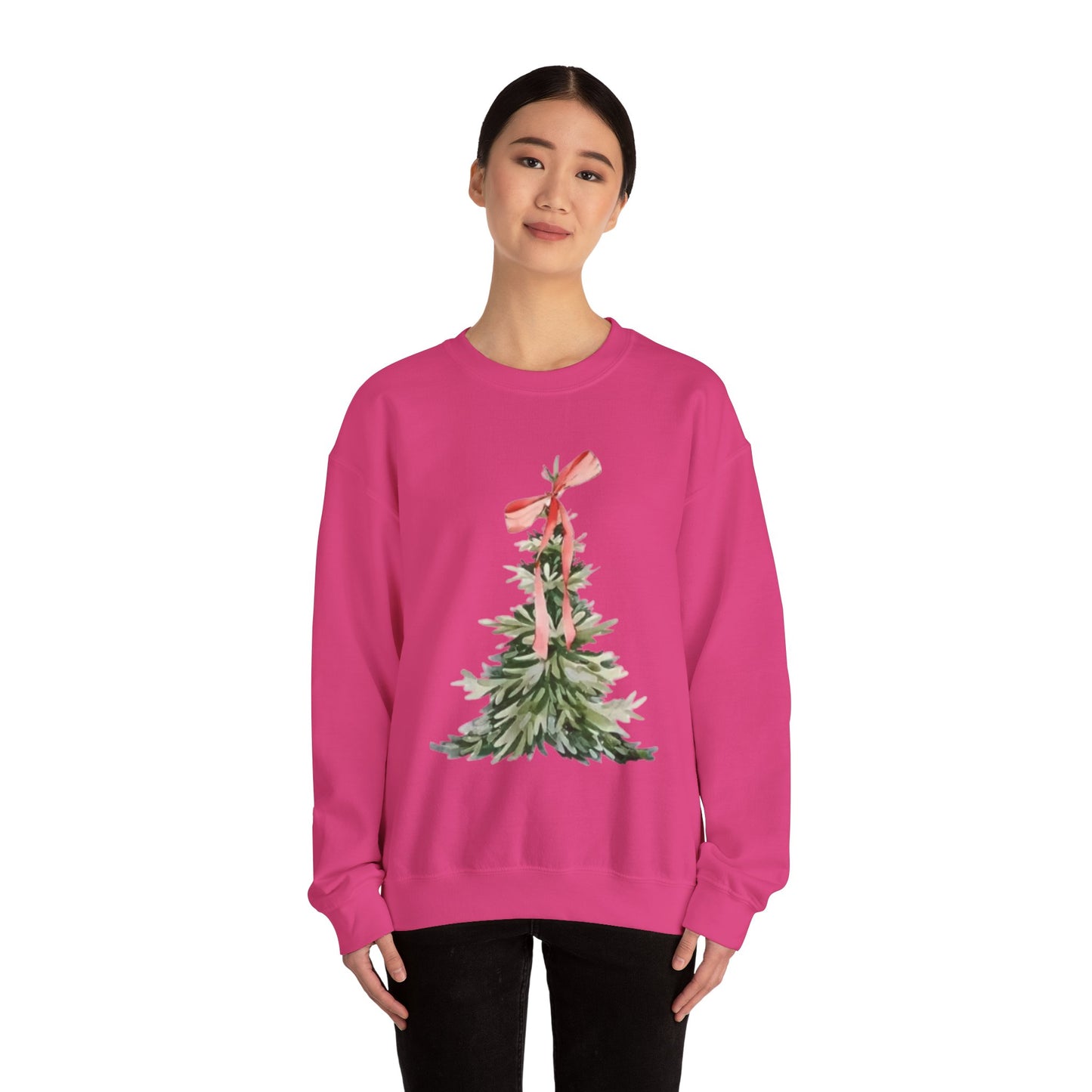 Faith-Inspired Christmas Tree Sweatshirt with Red Bow | Christian Holiday Apparel