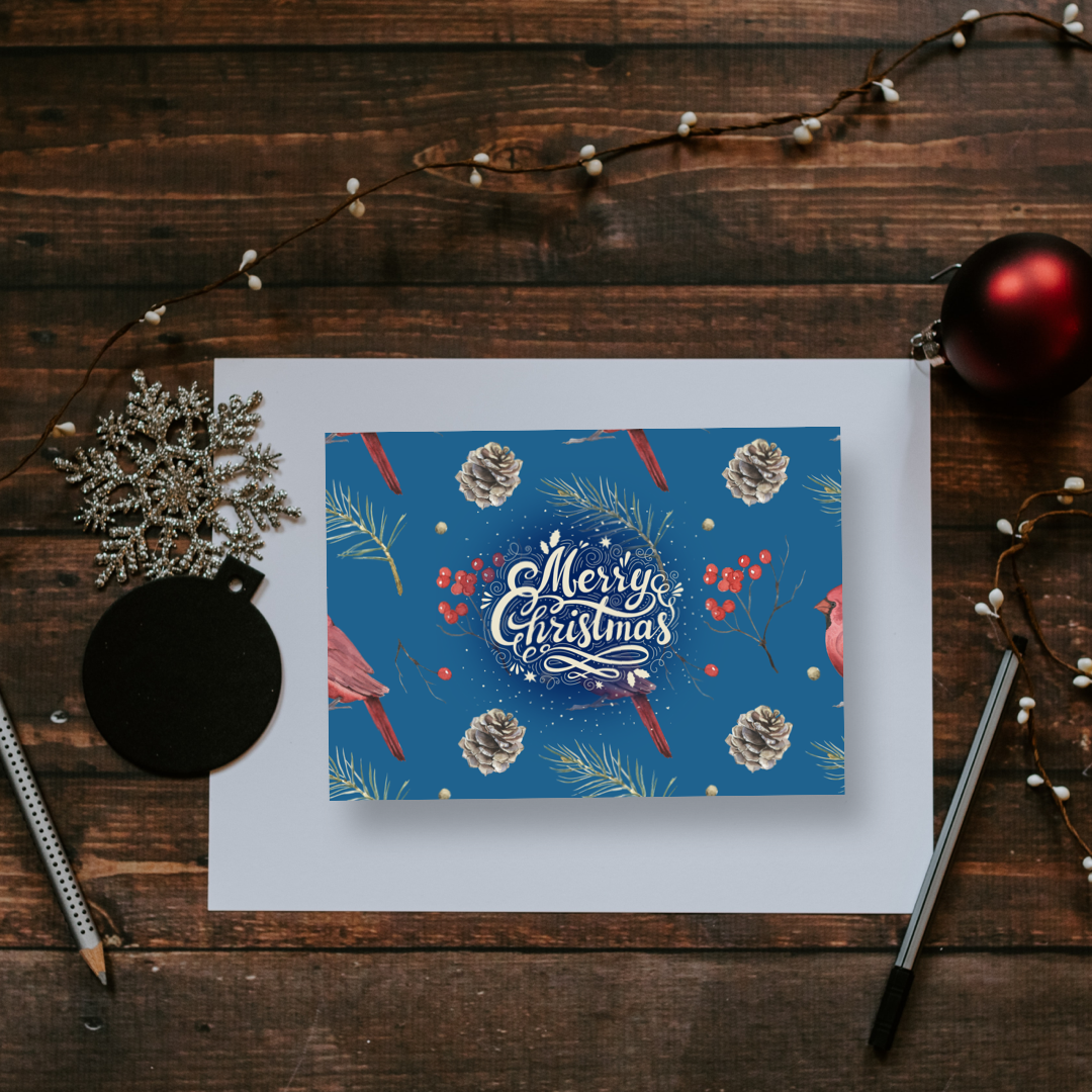 Christmas card- Merry Christmas, red cardinal and pine cones