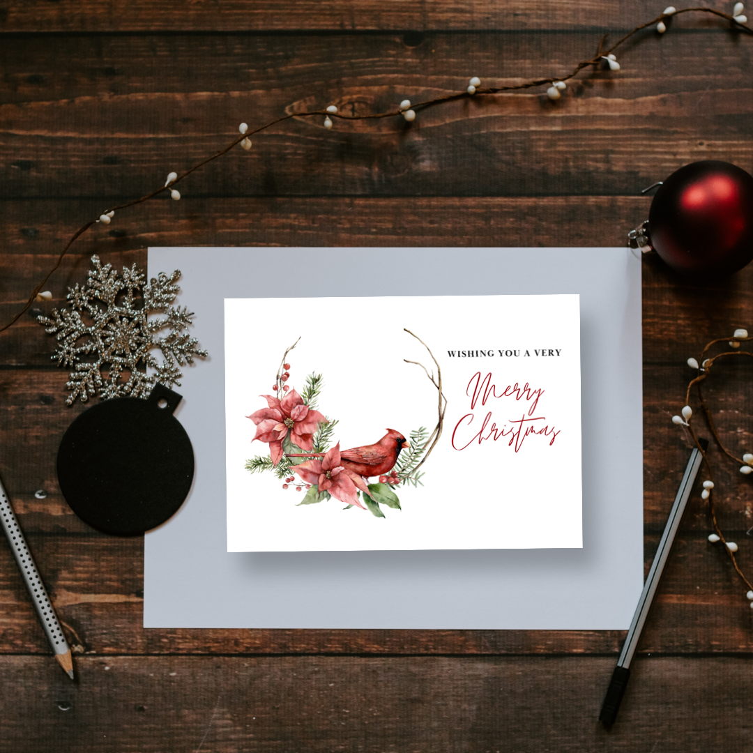 Christmas card-Wishing you a Very Merry Christmas, red cardinal, white background