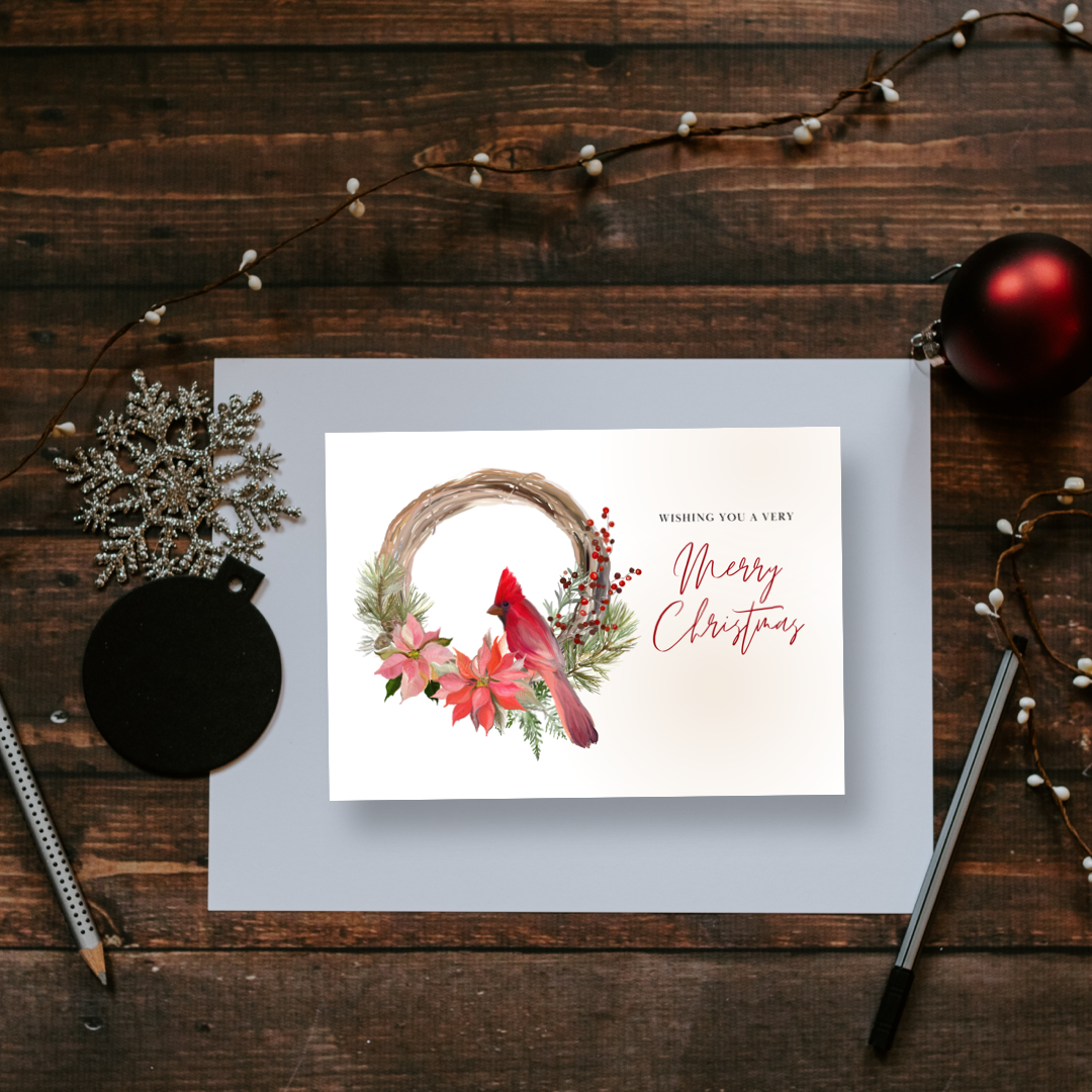 Christmas card- Wishing You a Very Merry Christmas, red cardinal and poinsettias
