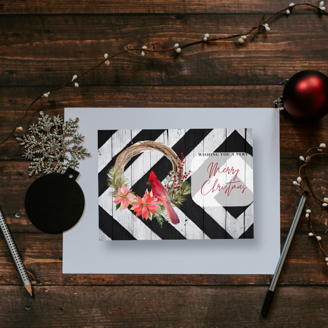 Christmas card- Wishing you a Very Merry Christmas, Black and white background, red cardinal