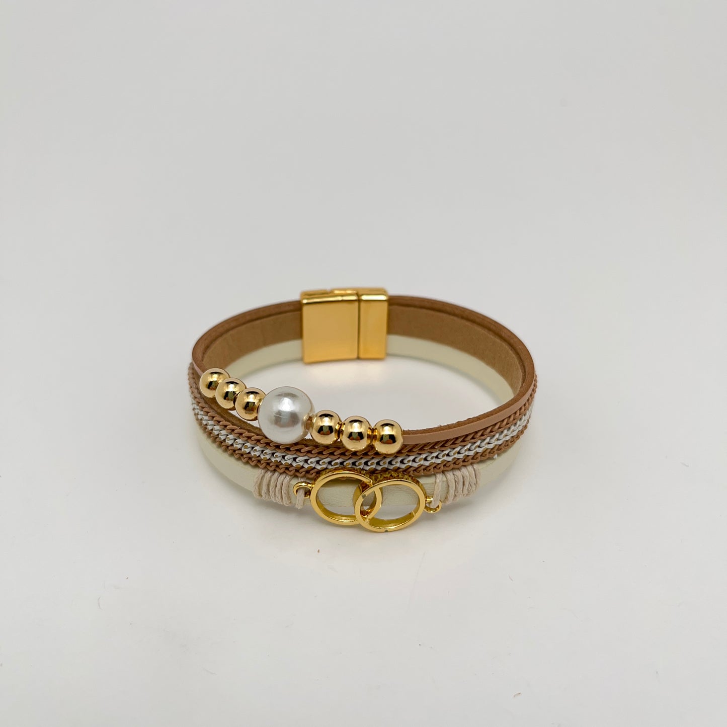 Multi-layer chain & leather magnet buckle combination bracelet