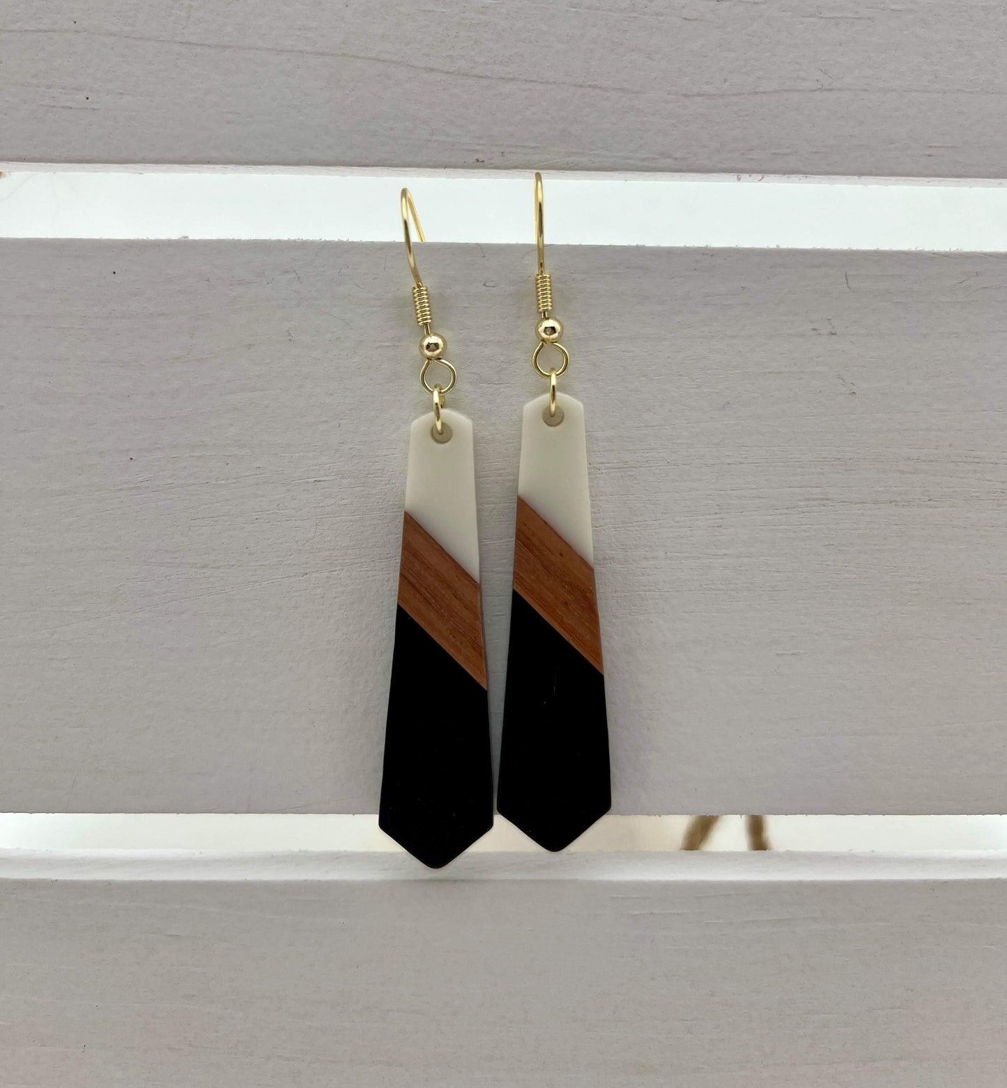 The Wooden Collection- Skinny white, brown, and black drop earrings