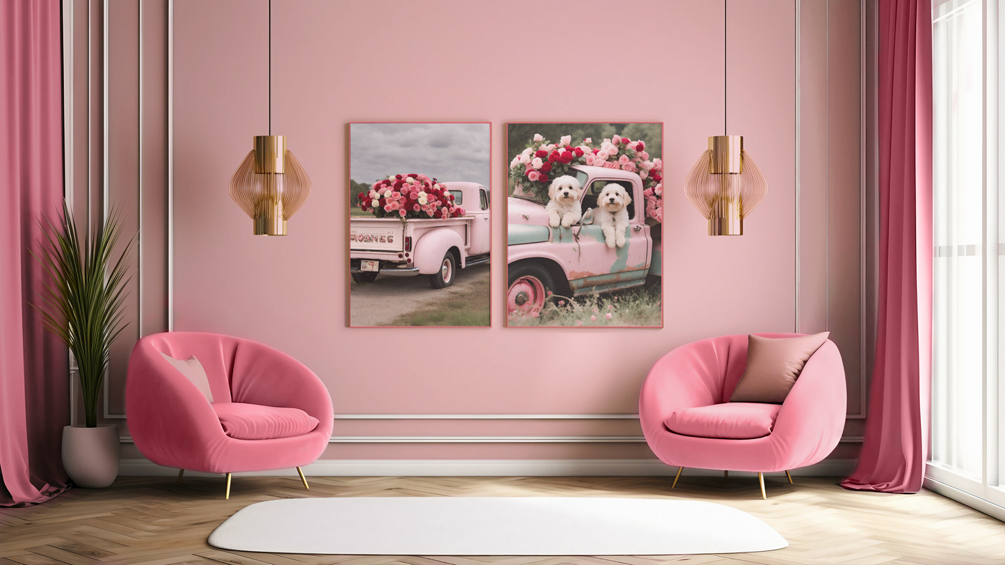 Valentine's Day themed digitally created print-Pink pick-up truck with 2 puppies