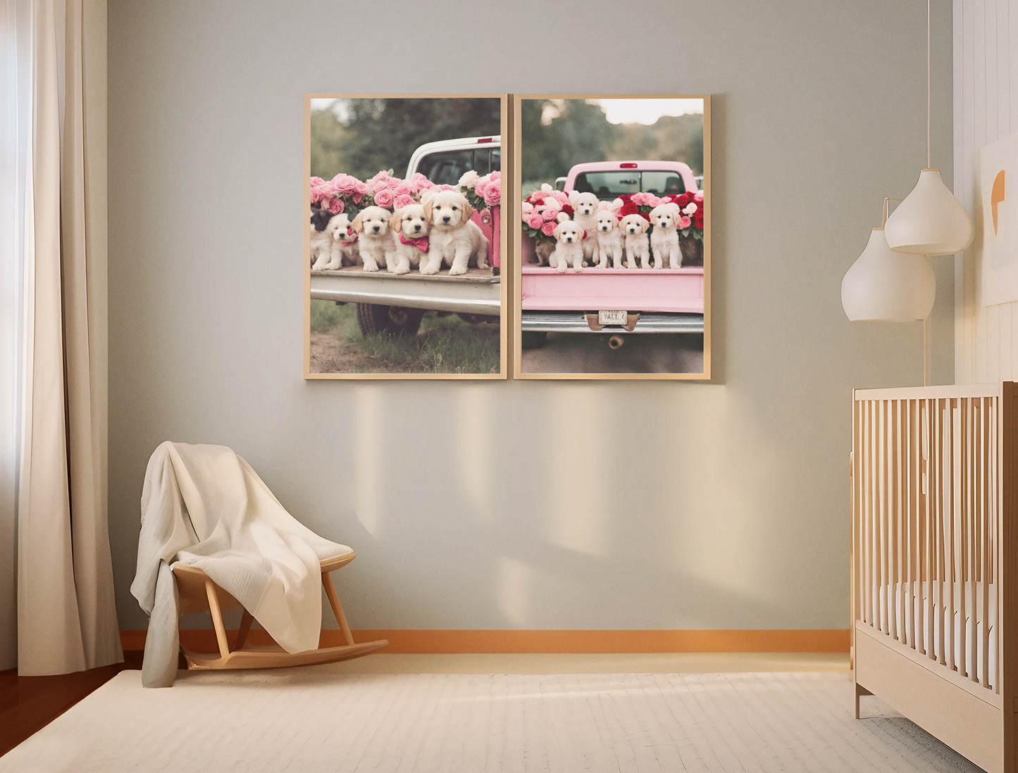 Valentine's Day digitally created print- pink truck with bed of puppies 2