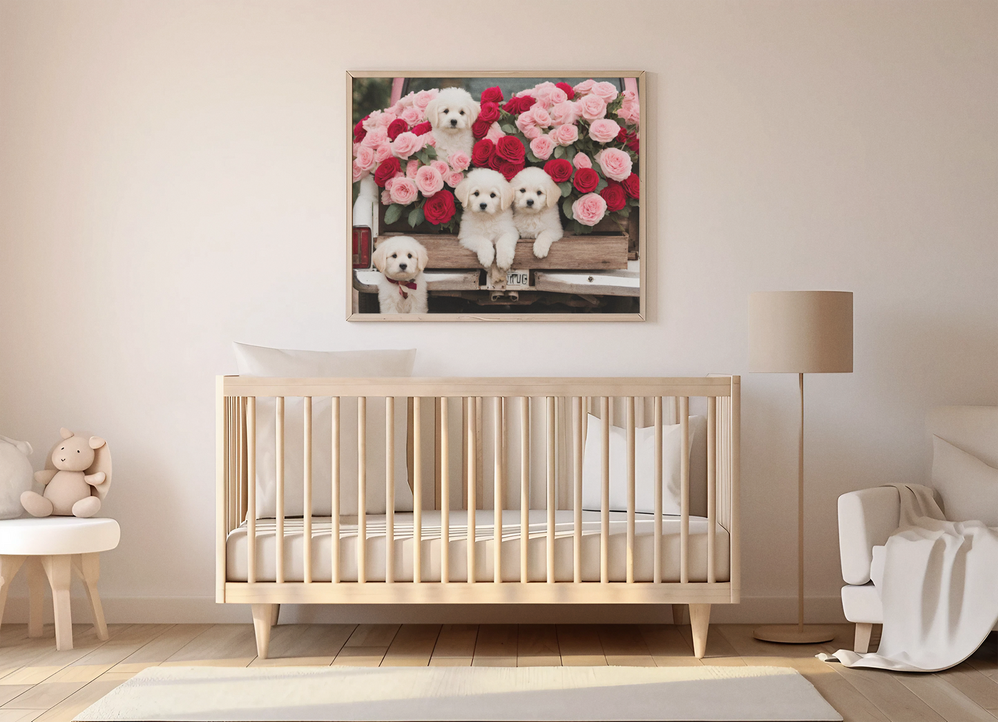 Valentine's Day digital art print- pickup truck with a bed of puppies and roses