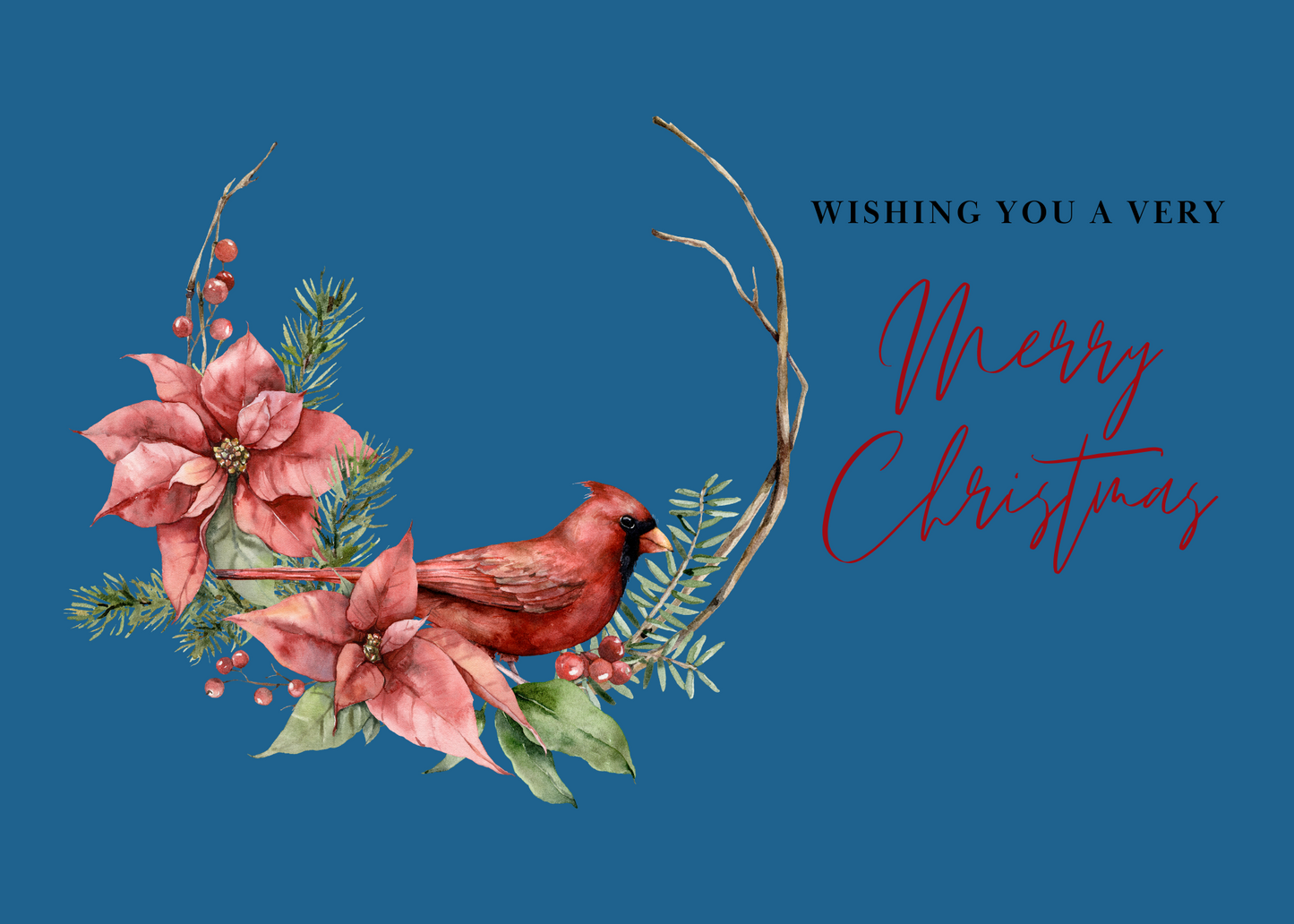 Christmas card- Wishing You a Very Merry Christmas, red cardinal, blue background