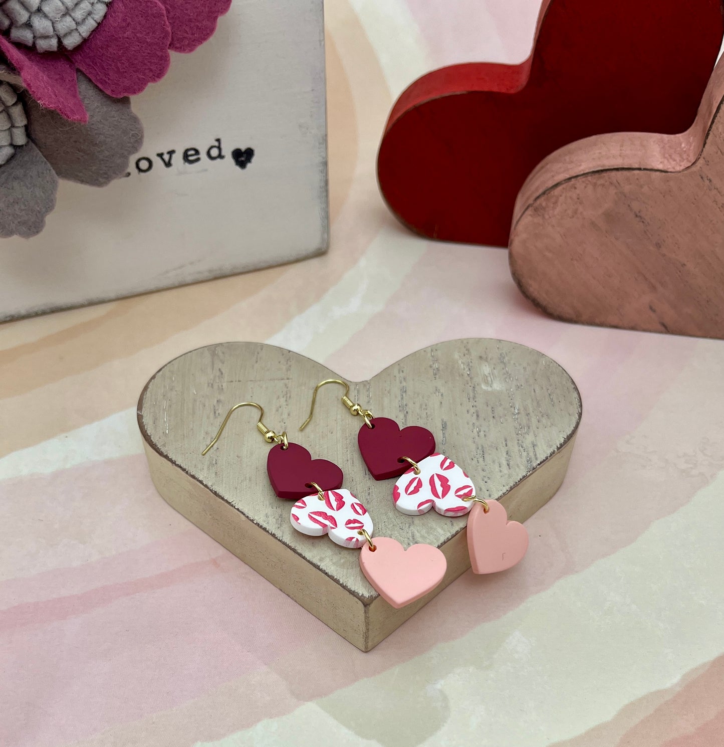 Love-Struck Trio- heart shaped dangle earrings with lip pattern