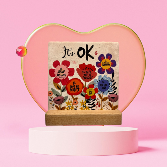 "It's OK" inspirational desktop accessory with multipurpose use as a coaster with stand.