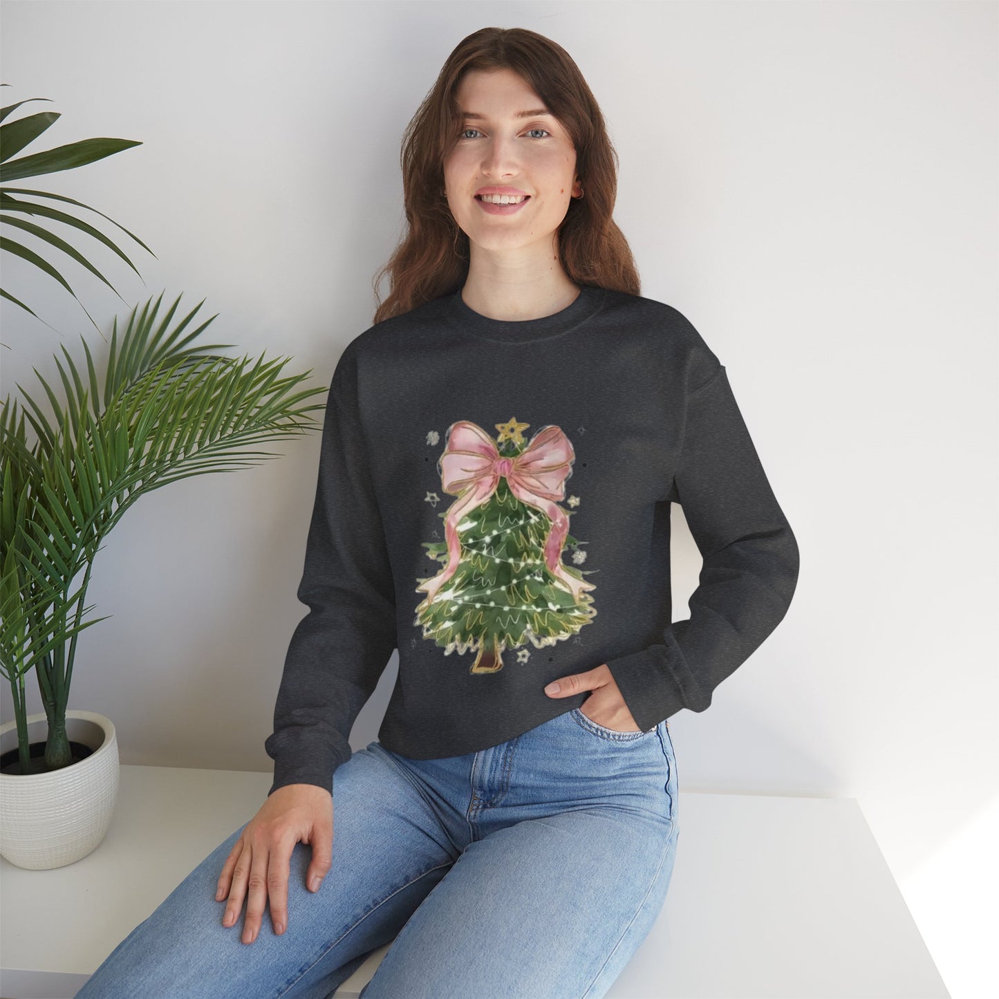 Faith-Inspired Christmas Tree Sweatshirt with Pink Bow | Christian Holiday Apparel