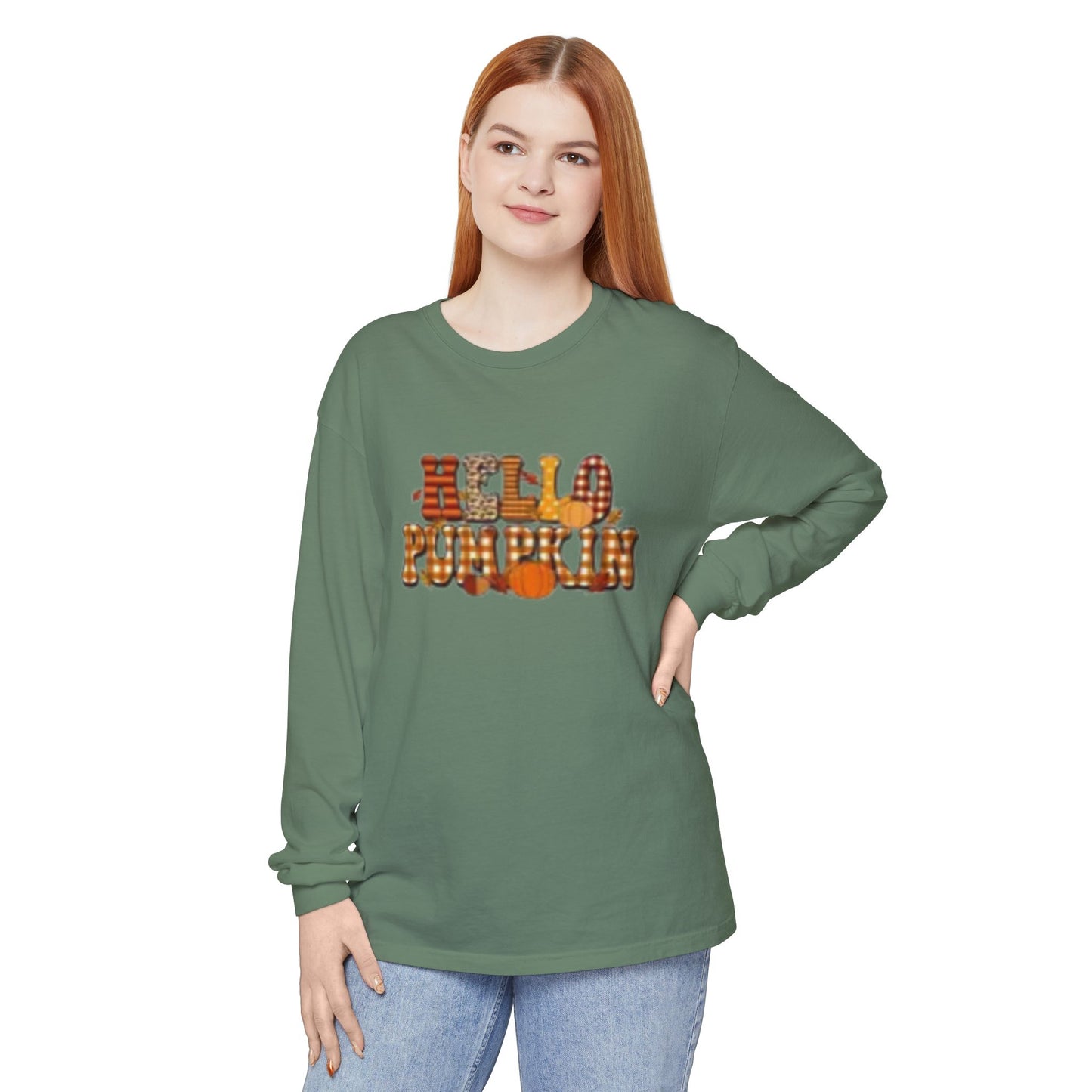 Fall-Themed Long Sleeve T-Shirt, Cozy Autumn Apparel, Hello Pumpkin Graphic Tee, Harvest Season Fashion, Thanksgiving Outfit