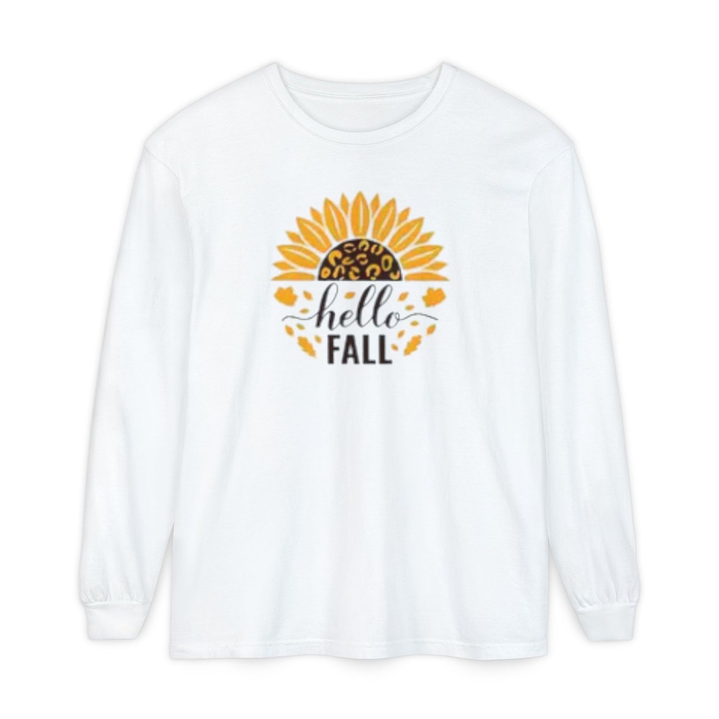 Hello Fall Sunflower Long Sleeve Tee – Leopard Print Autumn Shirt, Fall Apparel, Autumn Fashion, Seasonal Outfit, Gift for Her, Cozy Layering Tee