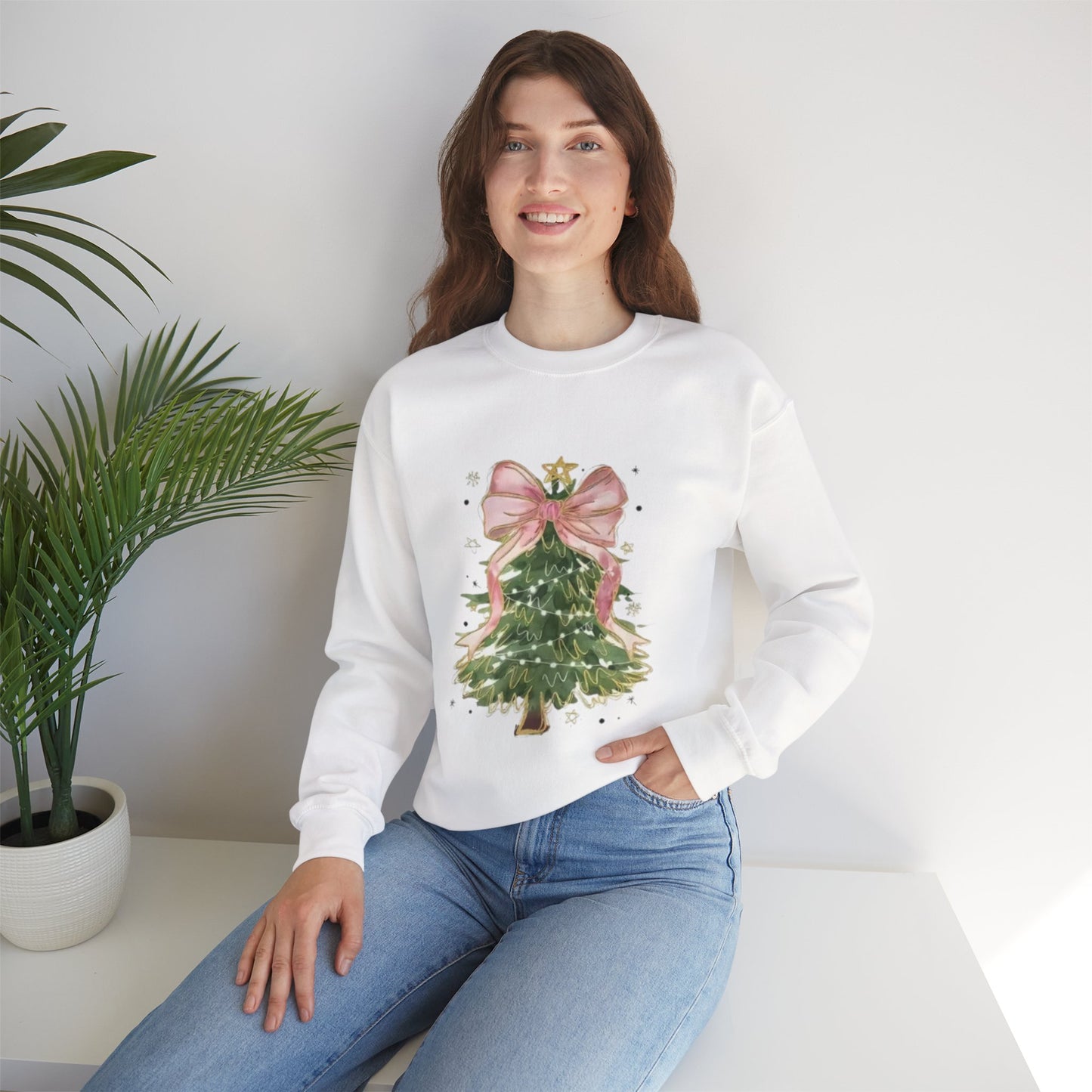 Faith-Inspired Christmas Tree Sweatshirt with Pink Bow | Christian Holiday Apparel