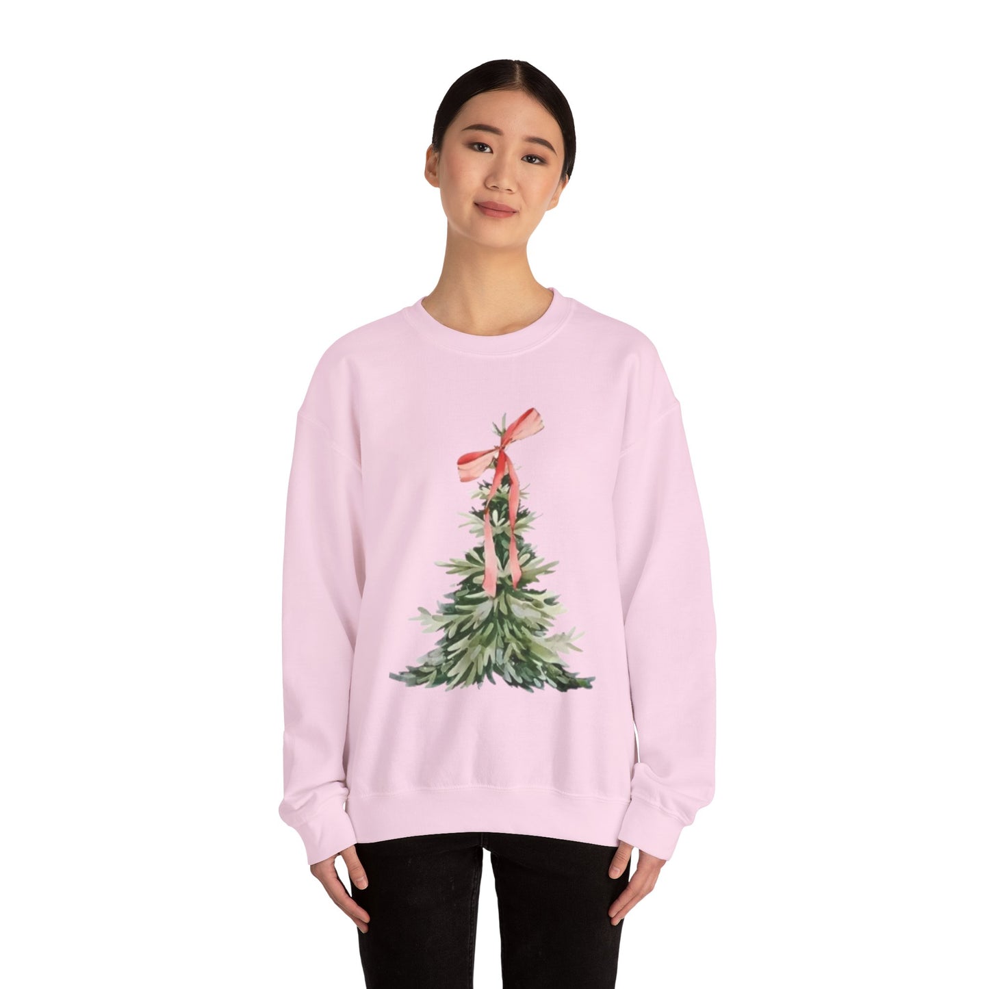 Faith-Inspired Christmas Tree Sweatshirt with Red Bow | Christian Holiday Apparel