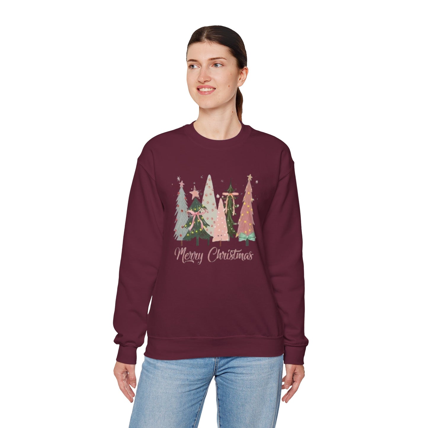 Christian Merry Christmas Sweatshirt | Faith-Based Holiday Apparel with Christmas Trees