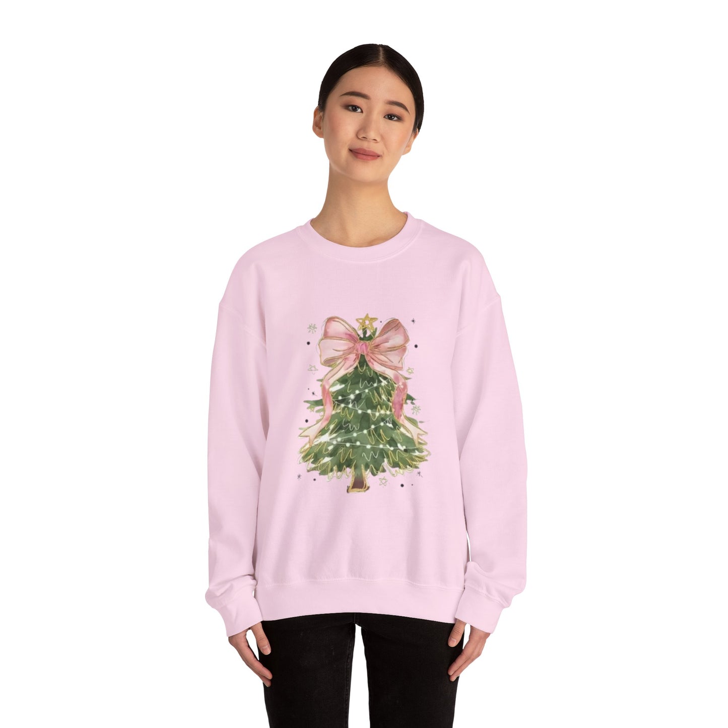 Faith-Inspired Christmas Tree Sweatshirt with Pink Bow | Christian Holiday Apparel