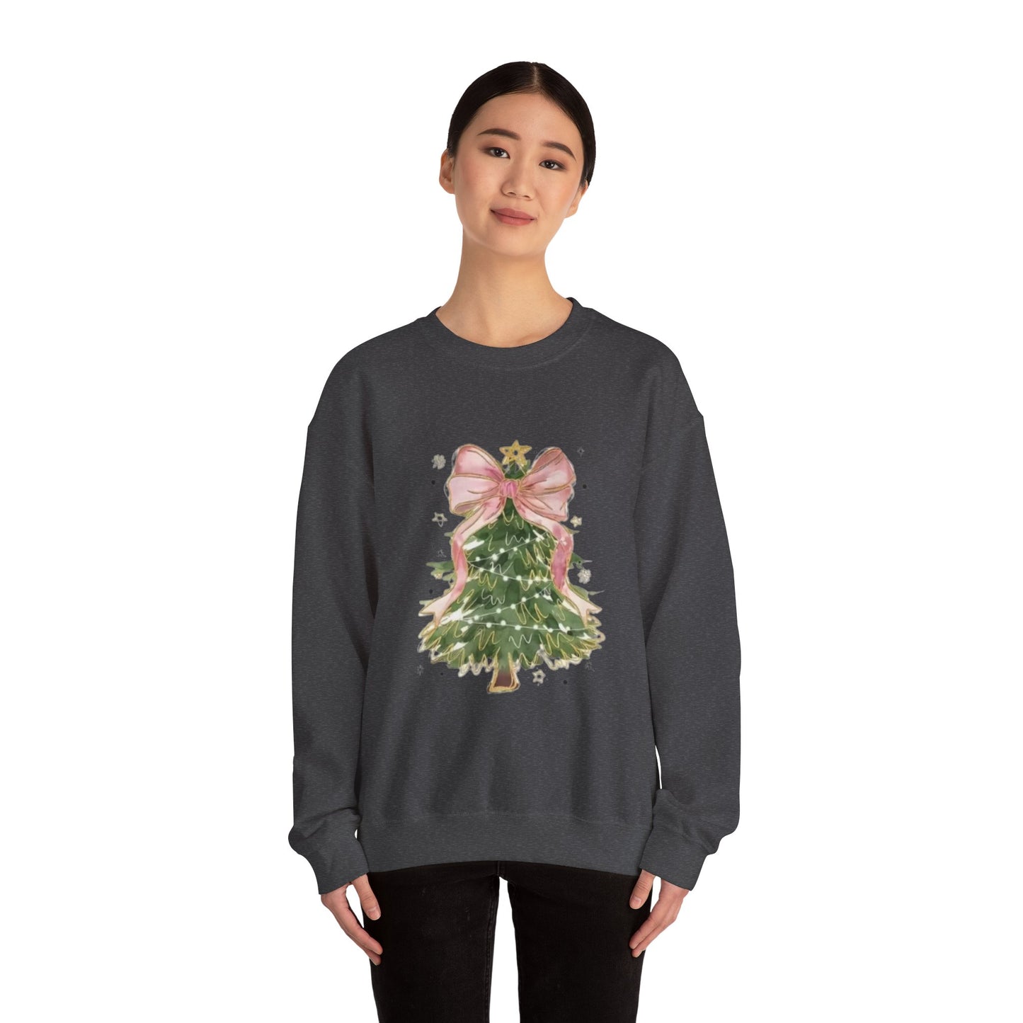 Faith-Inspired Christmas Tree Sweatshirt with Pink Bow | Christian Holiday Apparel