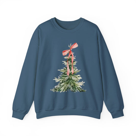 Faith-Inspired Christmas Tree Sweatshirt with Red Bow | Christian Holiday Apparel