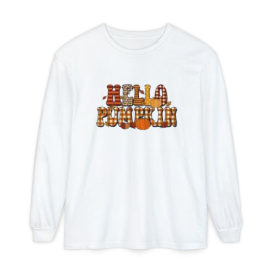 Fall-Themed Long Sleeve T-Shirt, Cozy Autumn Apparel, Hello Pumpkin Graphic Tee, Harvest Season Fashion, Thanksgiving Outfit