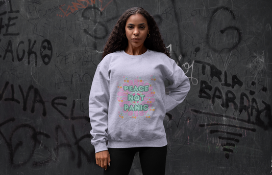 Amethyst Color Blast Crewneck Sweatshirt;  "Peace Not Panic" comfort sweatshirt; front and back custom design