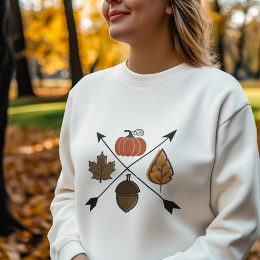 Fall Arrows Sweatshirt – Cozy Autumn Pumpkin & Leaves Pullover, Cozy Fall Sweater, Thanksgiving Gift, Harvest Style, Seasonal Apparel, Pumpkin, Leaf Design