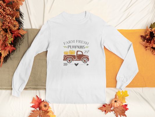 Farm Fresh Pumpkins Long Sleeve Tee– Vintage Fall Truck Graphic Shirt, Cozy Fall Shirt, Unisex Autumn Apparel, Halloween Gift, Pumpkin Lover Top