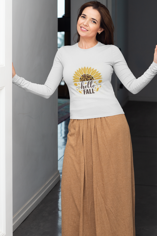 Hello Fall Sunflower Long Sleeve Tee – Leopard Print Autumn Shirt, Fall Apparel, Autumn Fashion, Seasonal Outfit, Gift for Her, Cozy Layering Tee