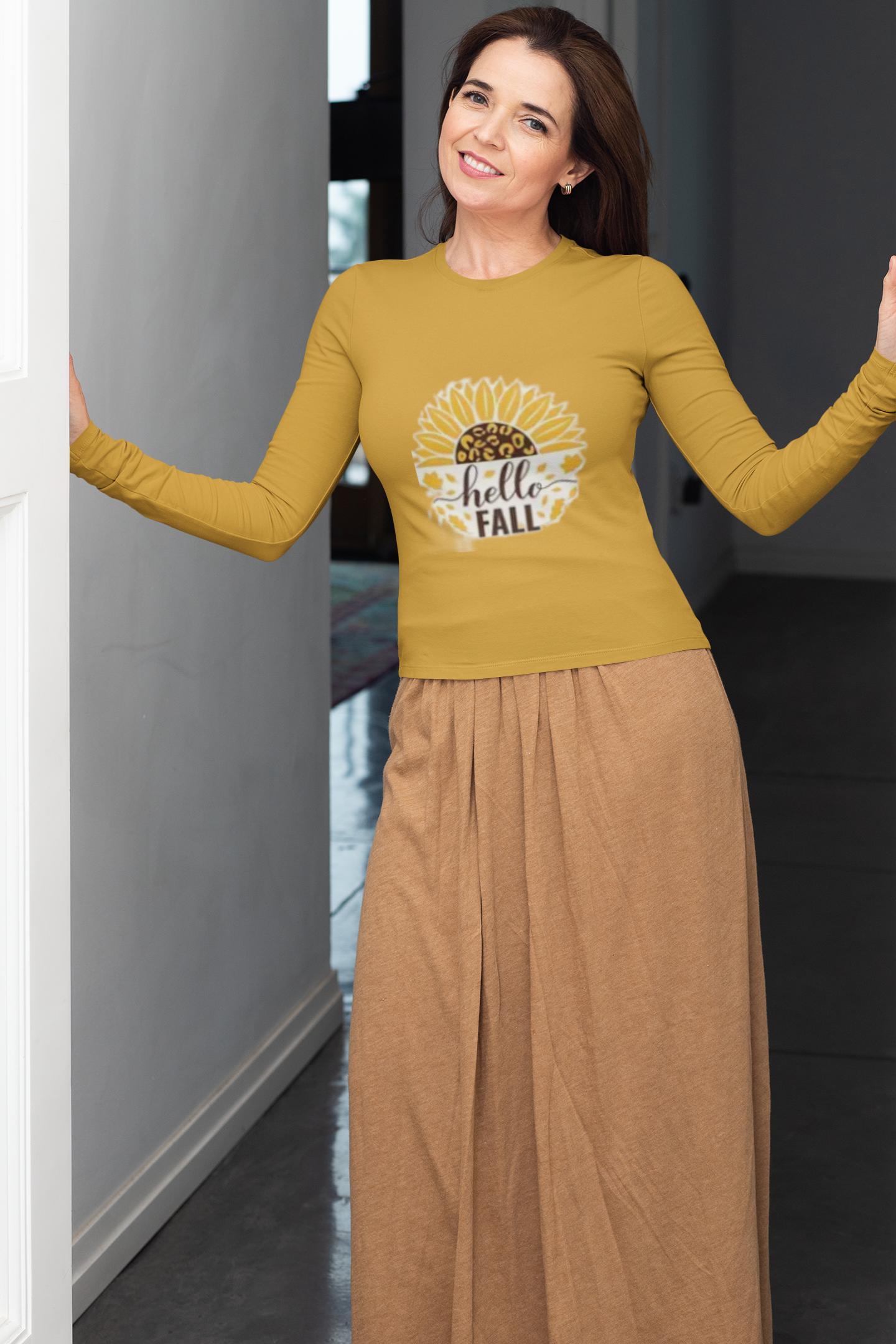 Hello Fall Sunflower Long Sleeve Tee – Leopard Print Autumn Shirt, Fall Apparel, Autumn Fashion, Seasonal Outfit, Gift for Her, Cozy Layering Tee