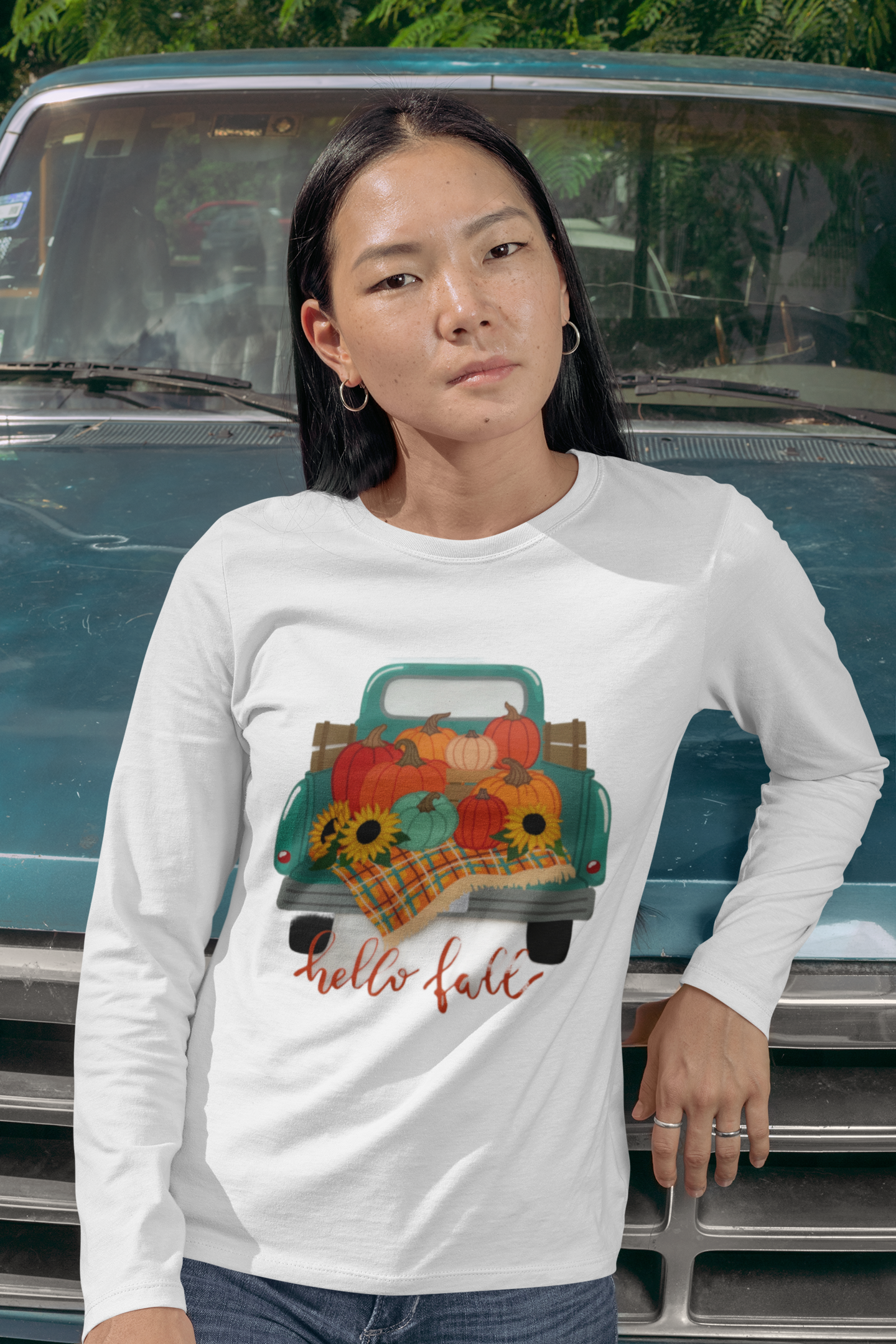 Hello Fall Blue Truck Long Sleeve Tee – Pumpkin & Sunflower Autumn Shirt, Cozy Seasonal Apparel, Thanksgiving Gift, Harvest Festival Clothing, Vintage Car Print