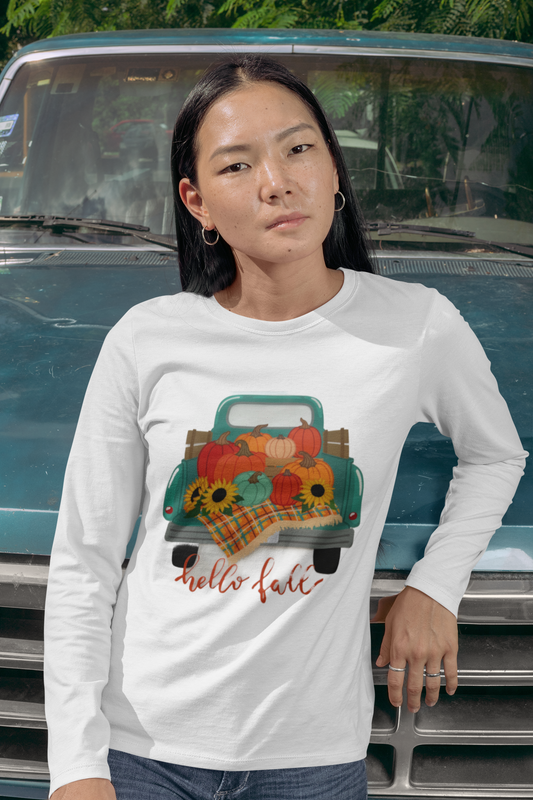 Hello Fall Blue Truck Long Sleeve Tee – Pumpkin & Sunflower Autumn Shirt, Cozy Seasonal Apparel, Thanksgiving Gift, Harvest Festival Clothing, Vintage Car Print