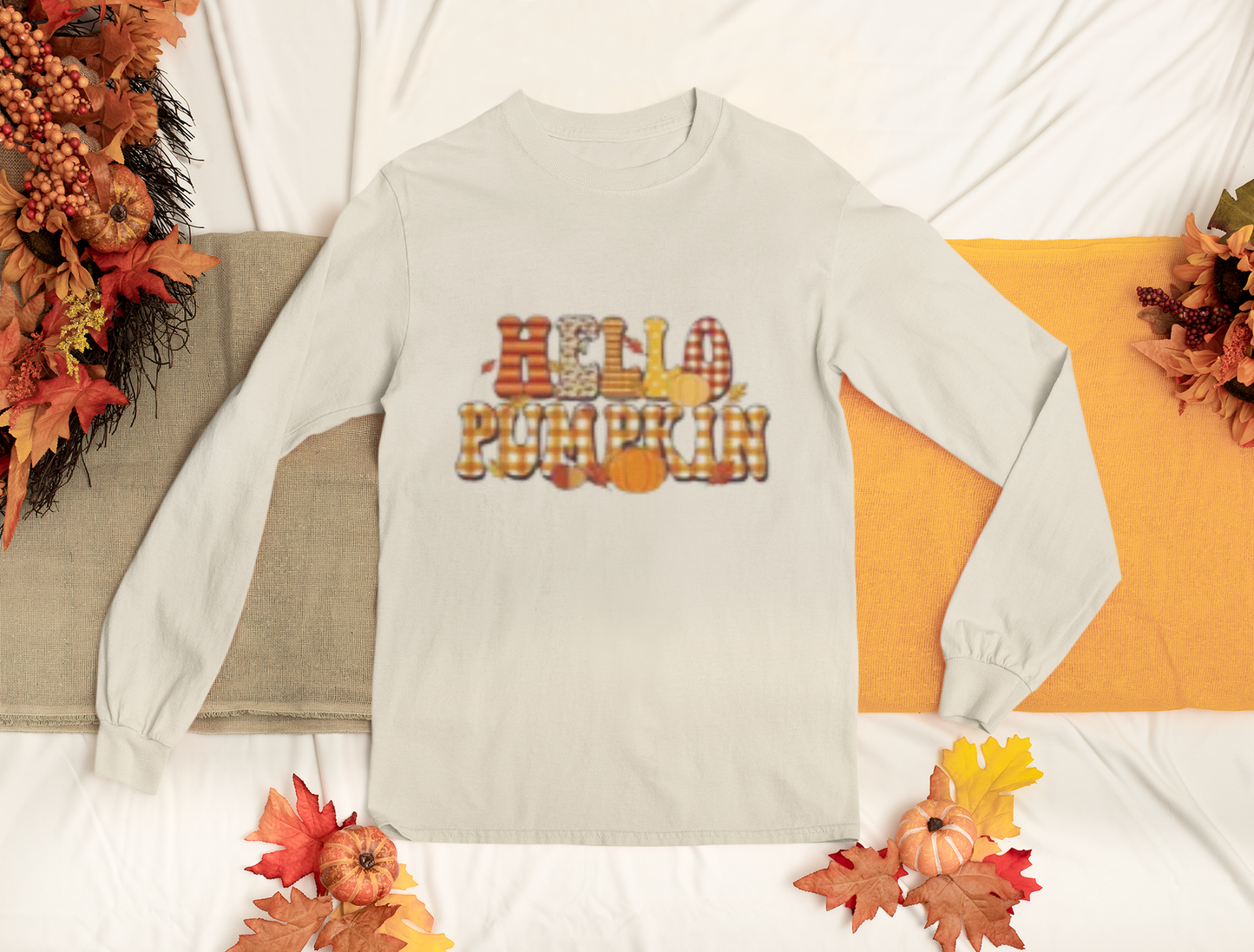 Fall-Themed Long Sleeve T-Shirt, Cozy Autumn Apparel, Hello Pumpkin Graphic Tee, Harvest Season Fashion, Thanksgiving Outfit