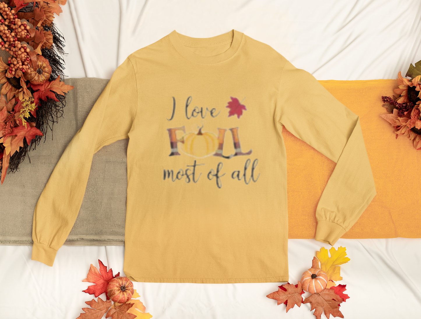 I Love Fall Most of All Long Sleeve Tee – Autumn Pumpkin & Plaid Shirt Pumpkin Love Tee, Harvest Fashion, Seasonal Sweatshirt