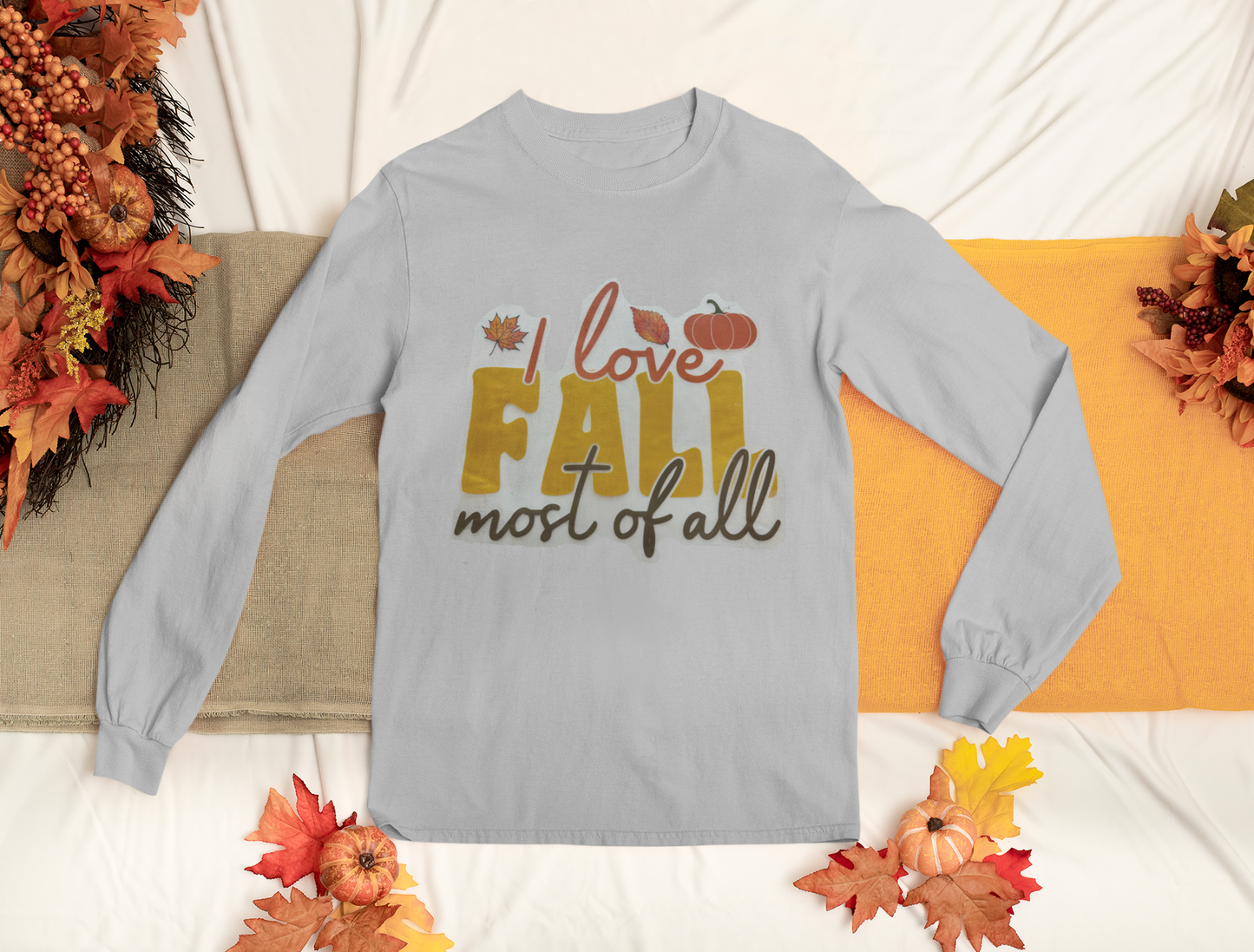 "I Love Fall Most of All" Long-Sleeve Tee, Perfect for Autumn Celebrations, Casual Wear, Gift Ideas