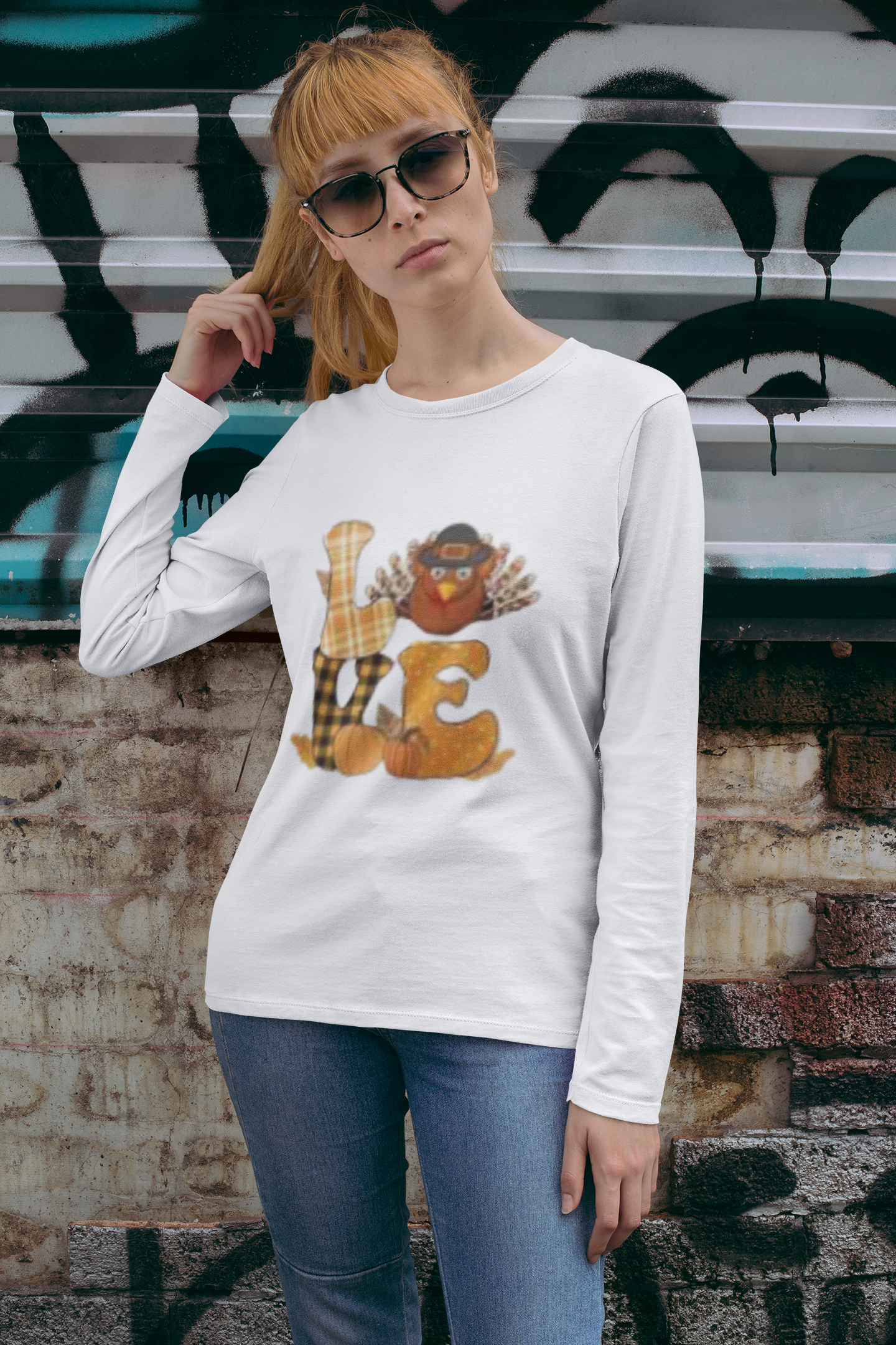 Love Turkey Long-Sleeve Tee – Plaid & Pumpkin Fall Shirt, Fall Themed Jersey Long Sleeve Tee, Cozy Long Sleeve, Autumn Fashion, Graphic Tee, Perfect for Halloween & Thanksgiving