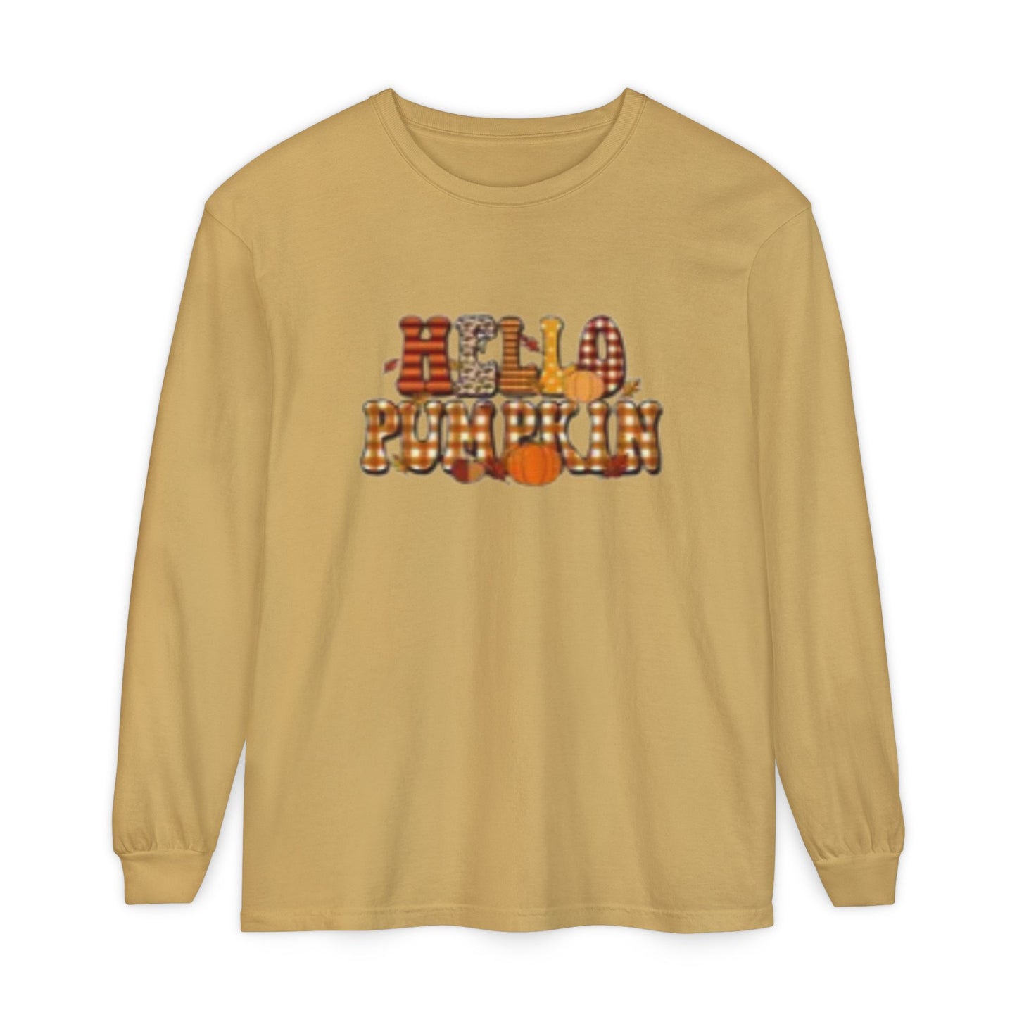 Fall-Themed Long Sleeve T-Shirt, Cozy Autumn Apparel, Hello Pumpkin Graphic Tee, Harvest Season Fashion, Thanksgiving Outfit
