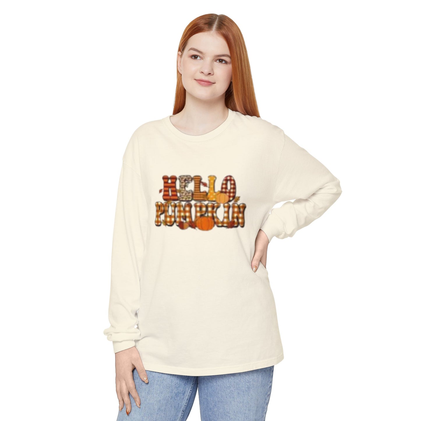 Fall-Themed Long Sleeve T-Shirt, Cozy Autumn Apparel, Hello Pumpkin Graphic Tee, Harvest Season Fashion, Thanksgiving Outfit
