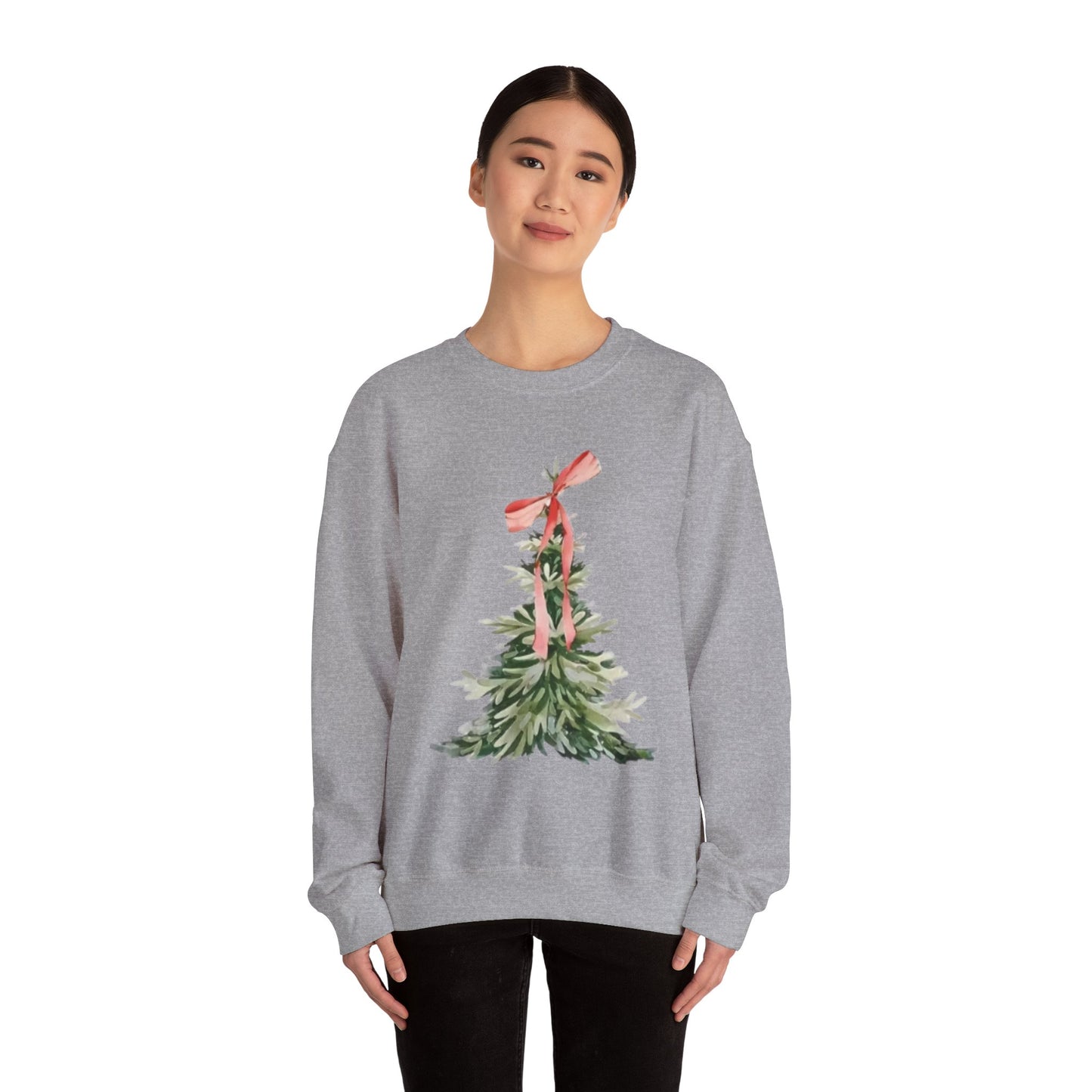 Faith-Inspired Christmas Tree Sweatshirt with Red Bow | Christian Holiday Apparel