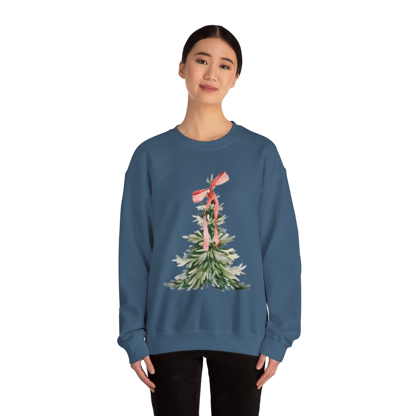 Faith-Inspired Christmas Tree Sweatshirt with Red Bow | Christian Holiday Apparel