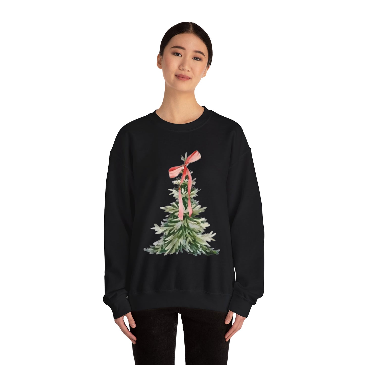 Faith-Inspired Christmas Tree Sweatshirt with Red Bow | Christian Holiday Apparel
