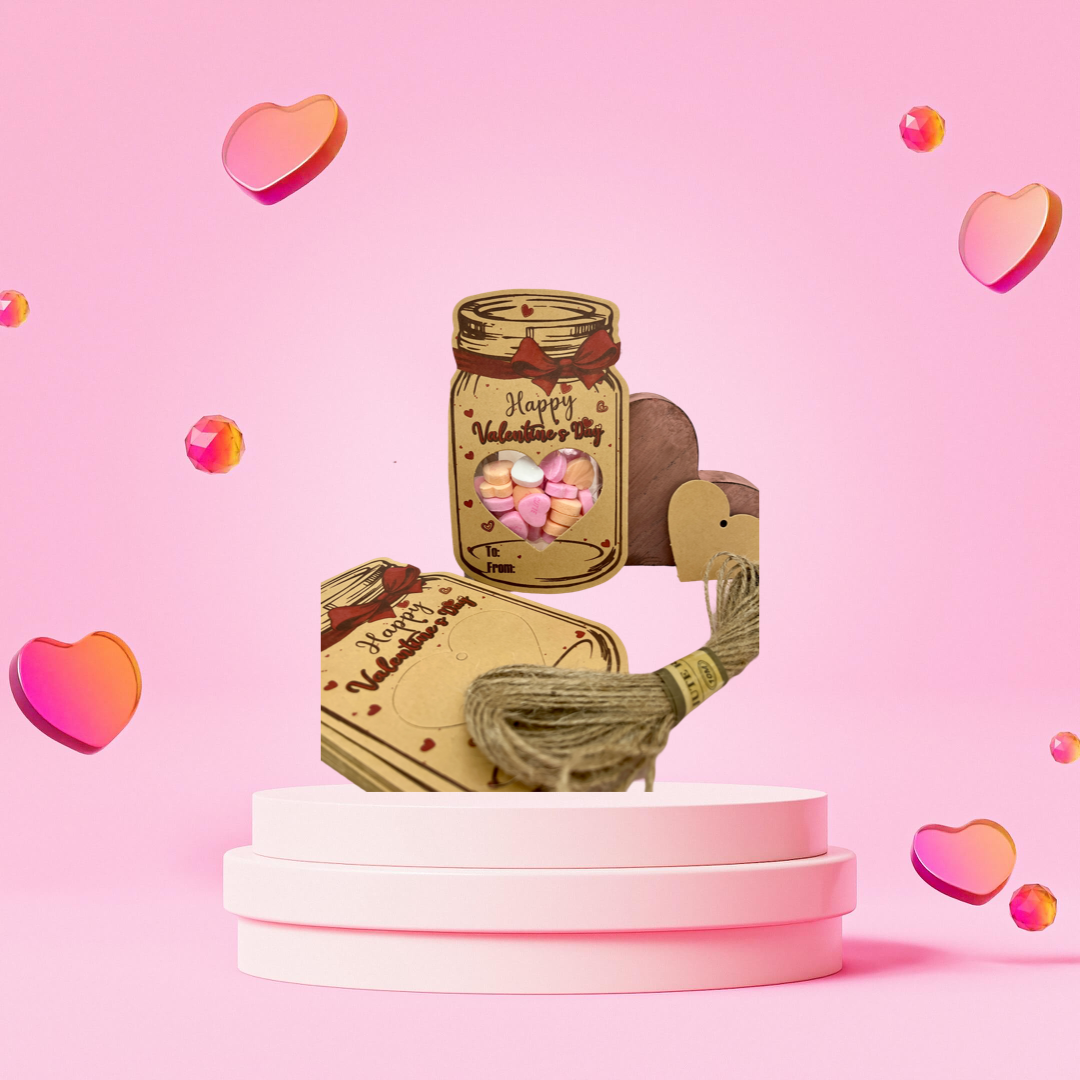 Love In A Jar-Set of 12 Valentine's Day cards with candy bag
