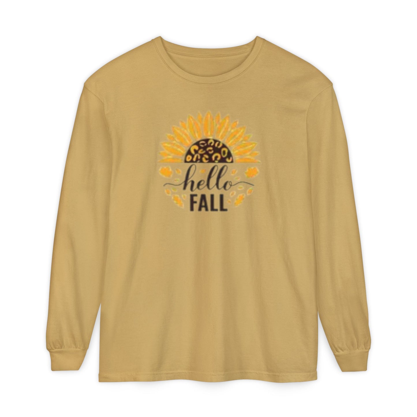 Hello Fall Sunflower Long Sleeve Tee – Leopard Print Autumn Shirt, Fall Apparel, Autumn Fashion, Seasonal Outfit, Gift for Her, Cozy Layering Tee
