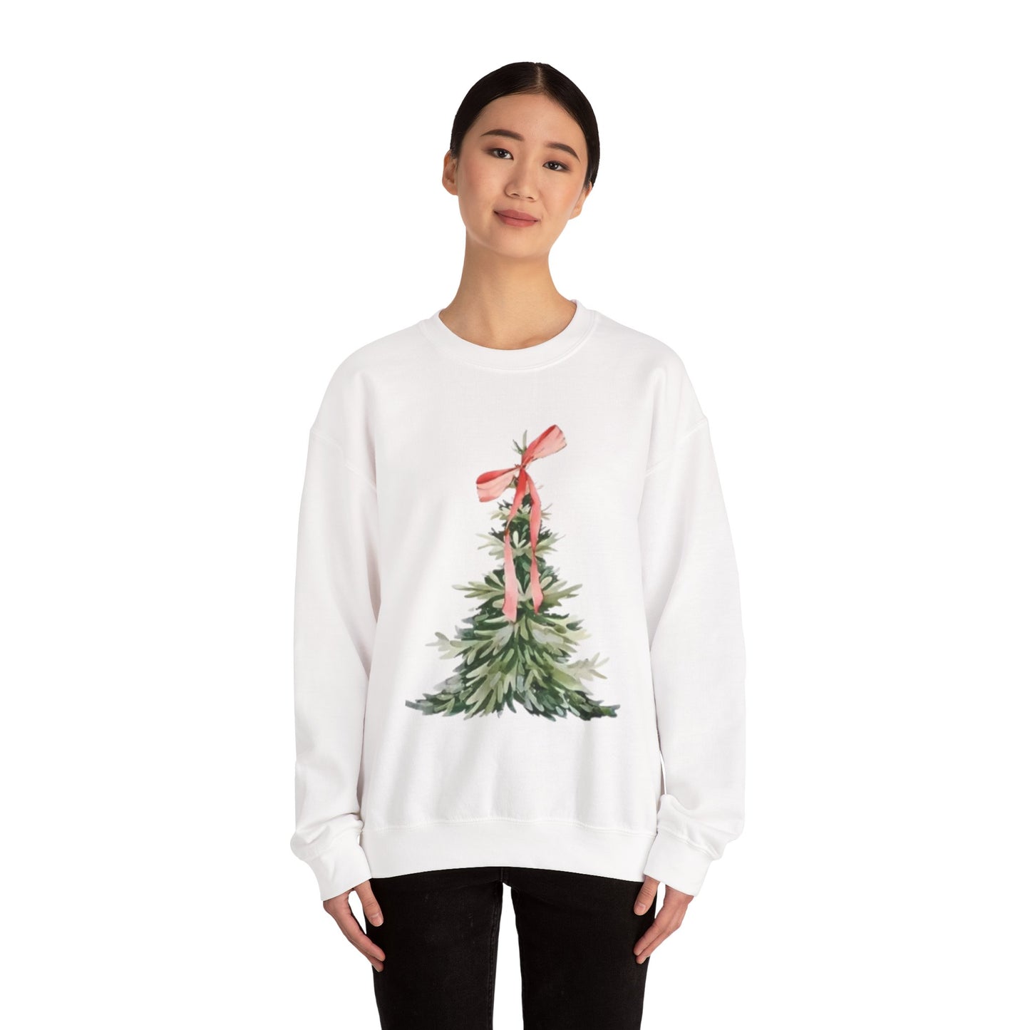 Faith-Inspired Christmas Tree Sweatshirt with Red Bow | Christian Holiday Apparel