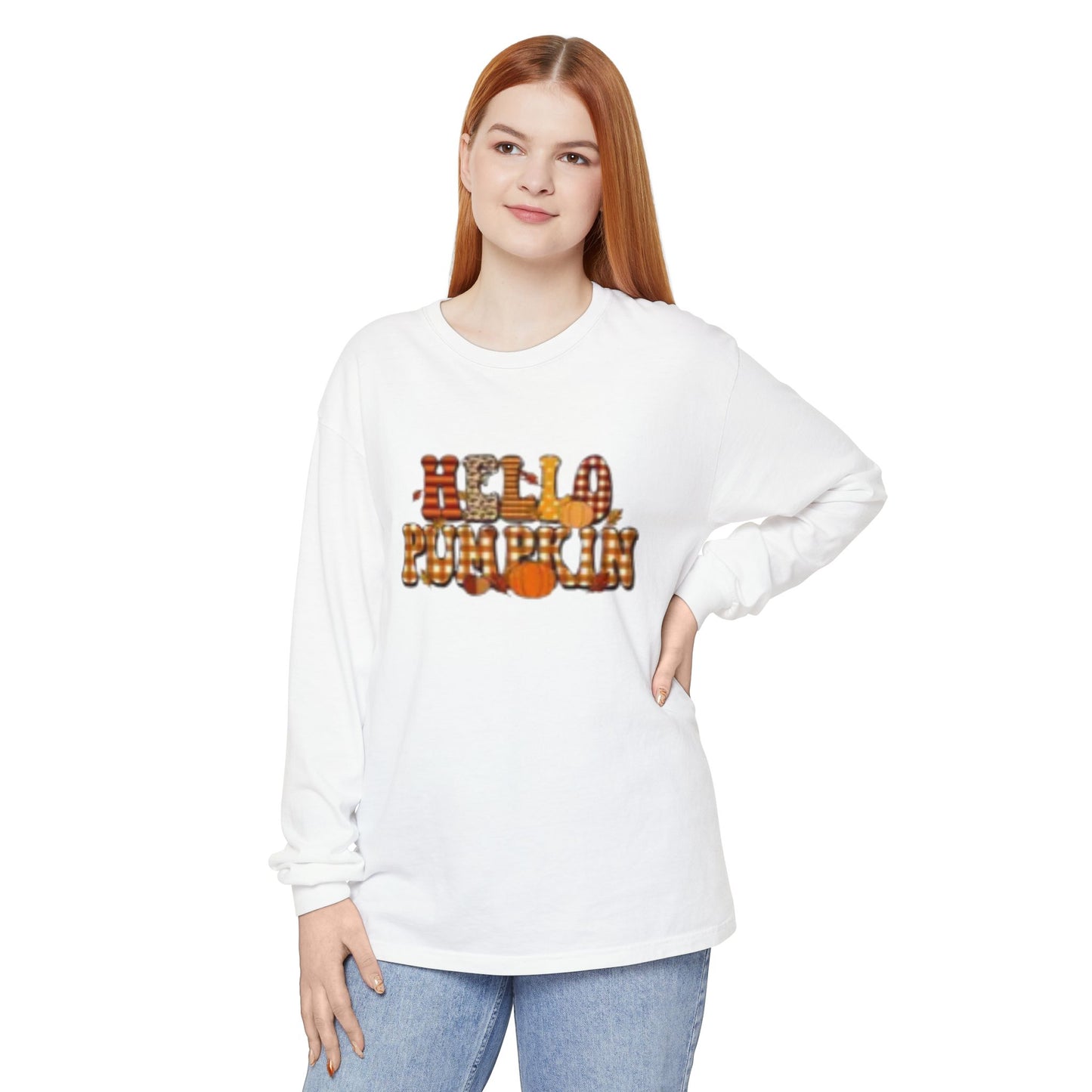 Fall-Themed Long Sleeve T-Shirt, Cozy Autumn Apparel, Hello Pumpkin Graphic Tee, Harvest Season Fashion, Thanksgiving Outfit