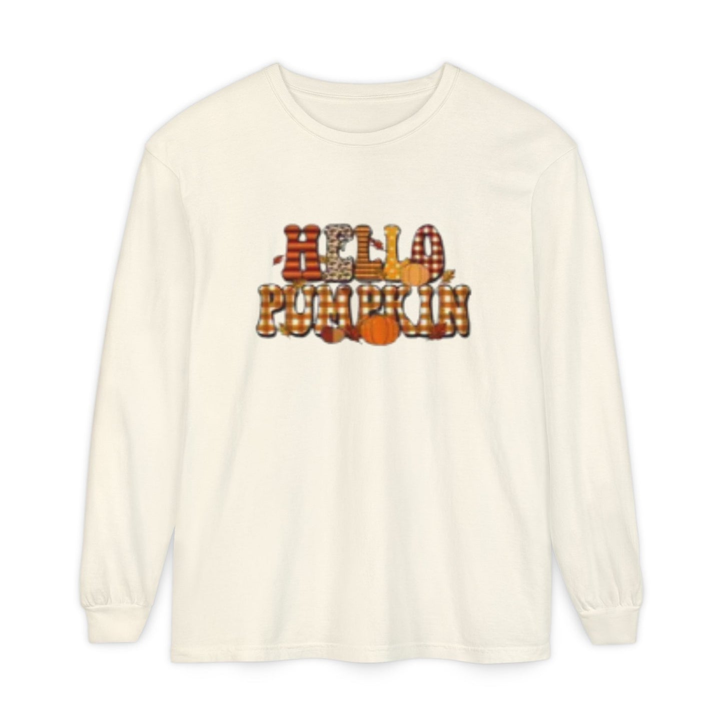 Fall-Themed Long Sleeve T-Shirt, Cozy Autumn Apparel, Hello Pumpkin Graphic Tee, Harvest Season Fashion, Thanksgiving Outfit