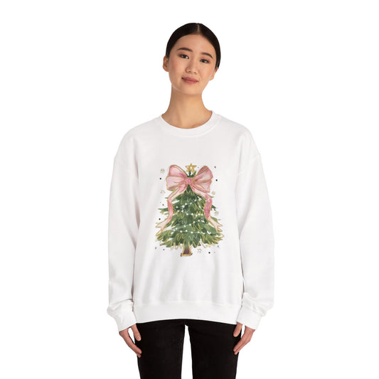 Faith-Inspired Christmas Tree Sweatshirt with Pink Bow | Christian Holiday Apparel