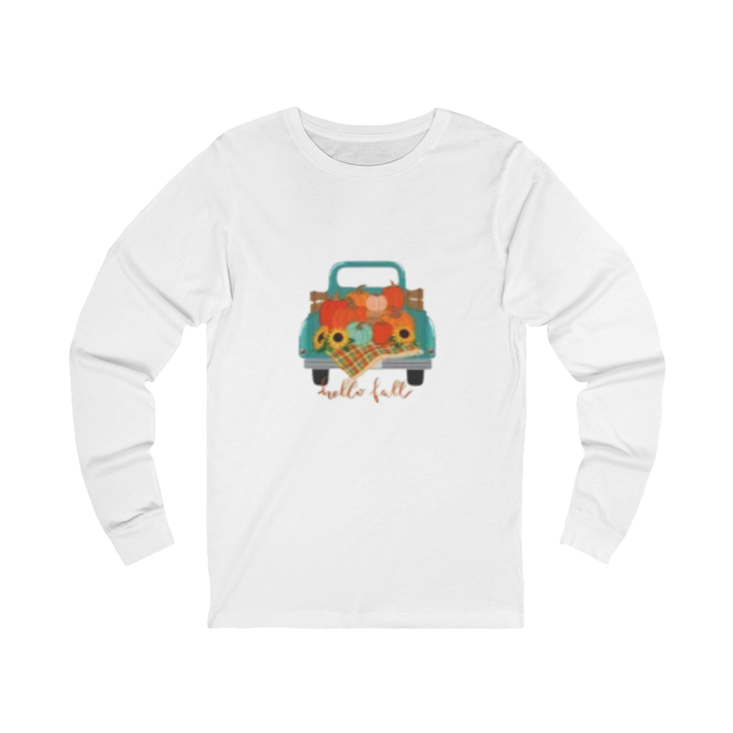 Hello Fall Blue Truck Long Sleeve Tee – Pumpkin & Sunflower Autumn Shirt, Cozy Seasonal Apparel, Thanksgiving Gift, Harvest Festival Clothing, Vintage Car Print