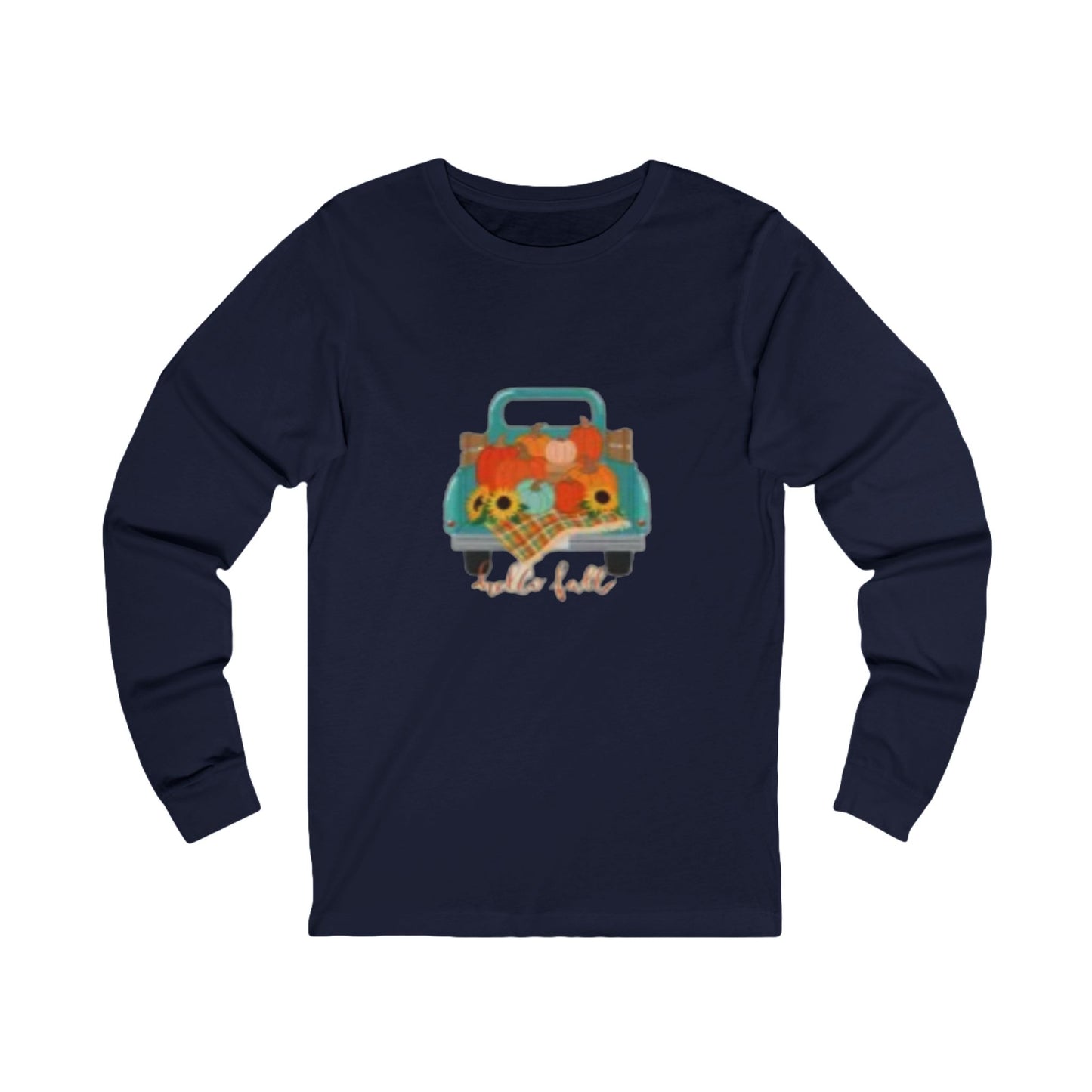 Hello Fall Blue Truck Long Sleeve Tee – Pumpkin & Sunflower Autumn Shirt, Cozy Seasonal Apparel, Thanksgiving Gift, Harvest Festival Clothing, Vintage Car Print