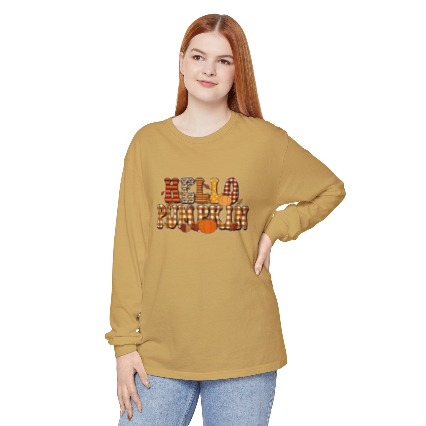 Fall-Themed Long Sleeve T-Shirt, Cozy Autumn Apparel, Hello Pumpkin Graphic Tee, Harvest Season Fashion, Thanksgiving Outfit